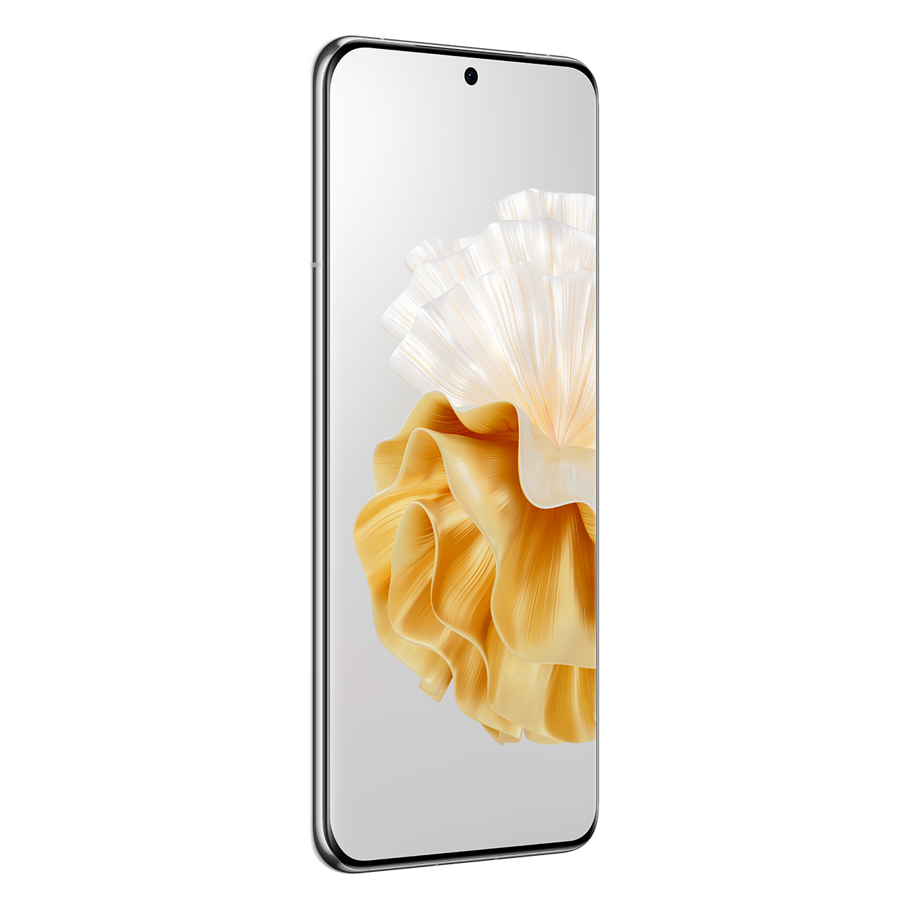 Smartphone mit weißem Bildschirm, gelbe und goldene Blume auf dem Display. Silberner Rahmen.