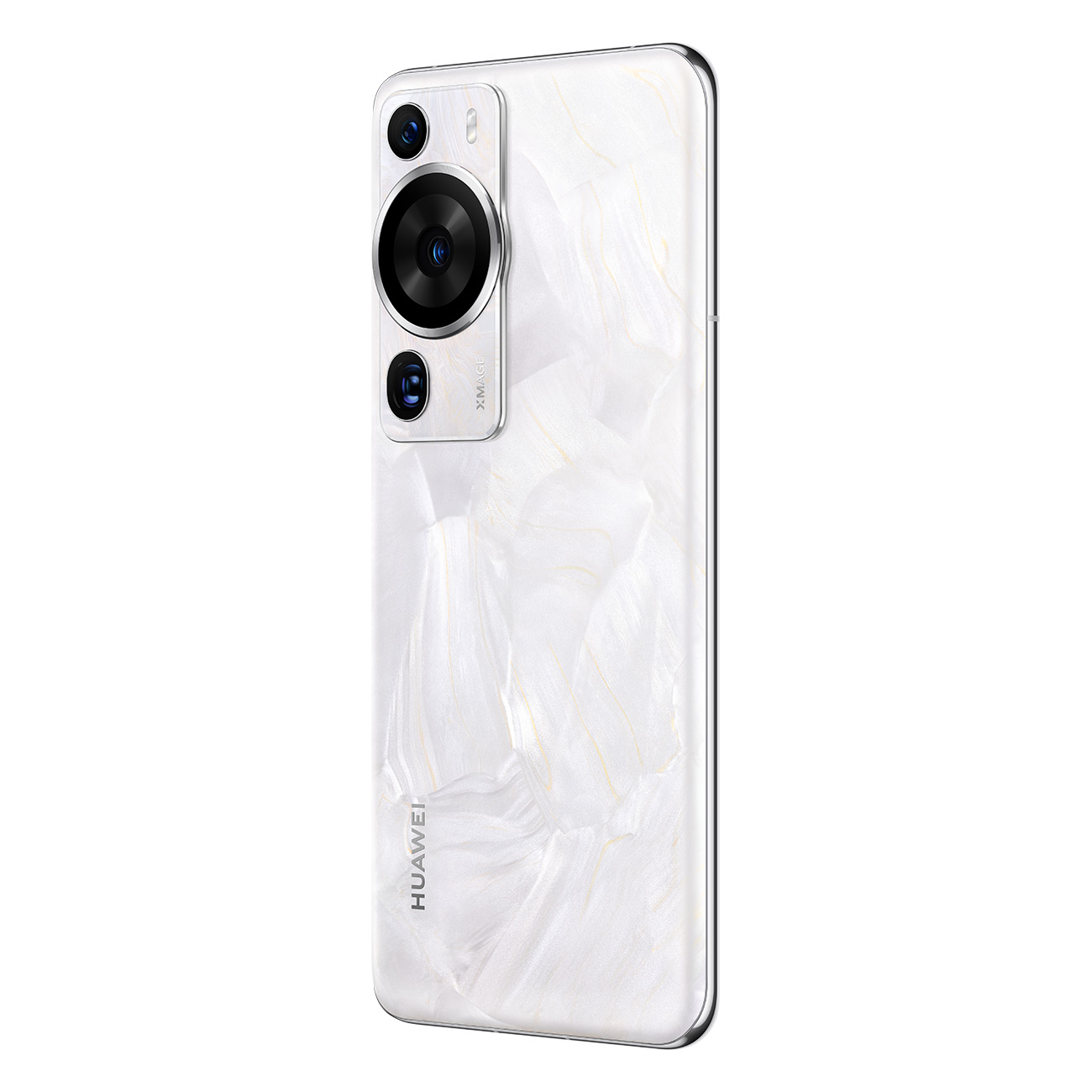 Smartphone mit weißem Marmormuster und drei Rückkameras. Silberner Kamerarahmen, HUAWEI-Logo.