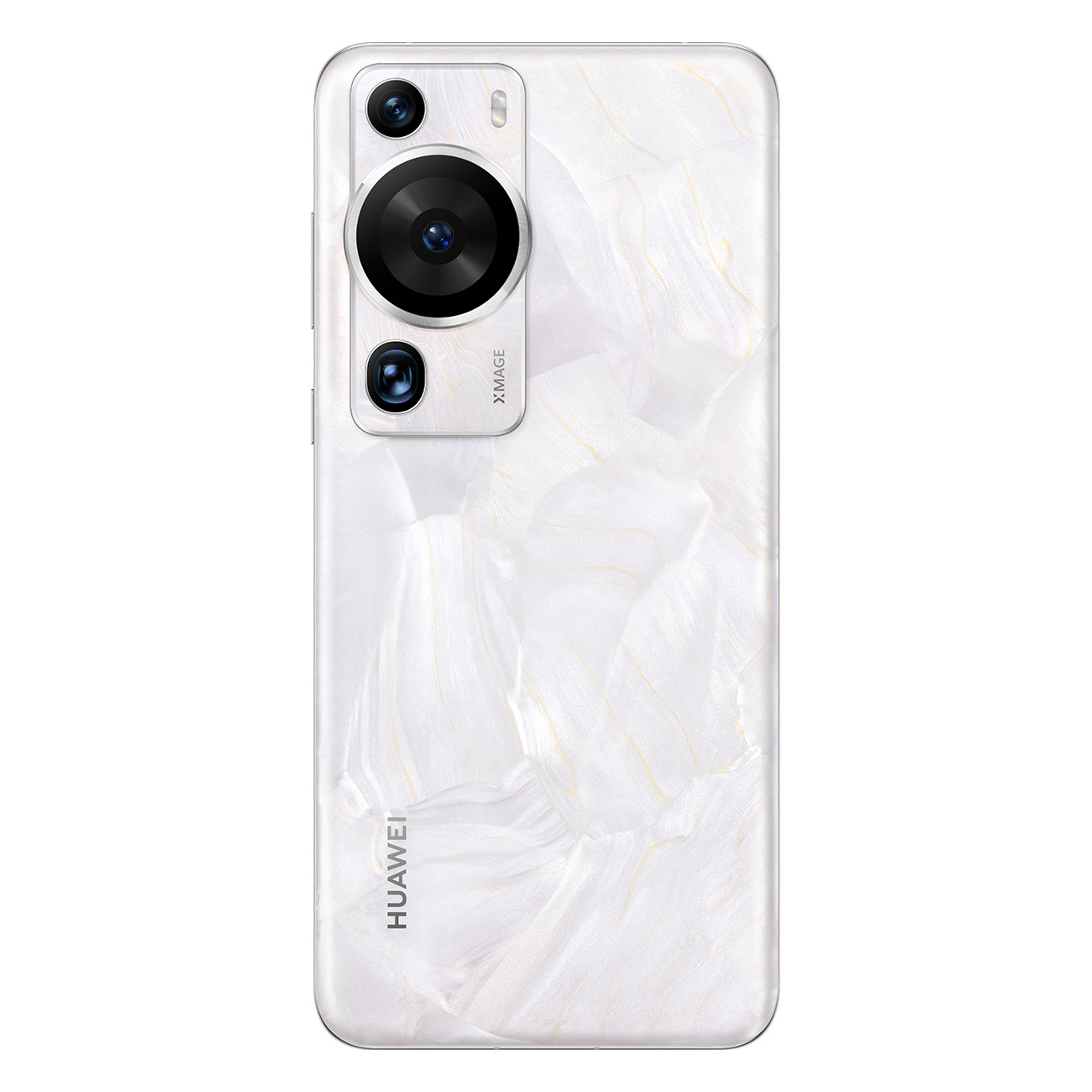 Weißes Telefon mit Marmormuster auf der Rückseite, drei Kameras und Huawei-Logo.