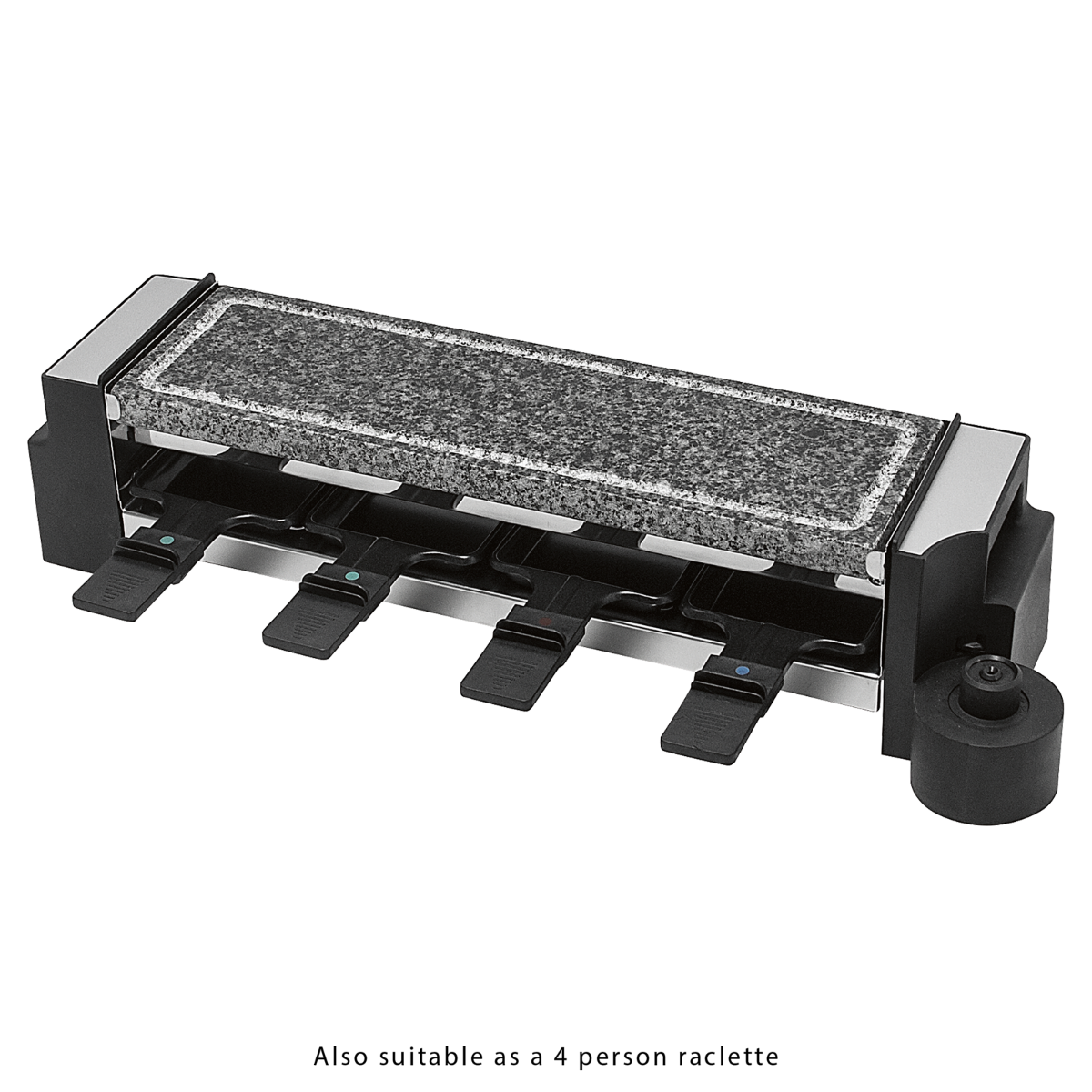 Grill do raclette z granitową powierzchnią kamienną. Czarne uchwyty i podstawa, izolowane.