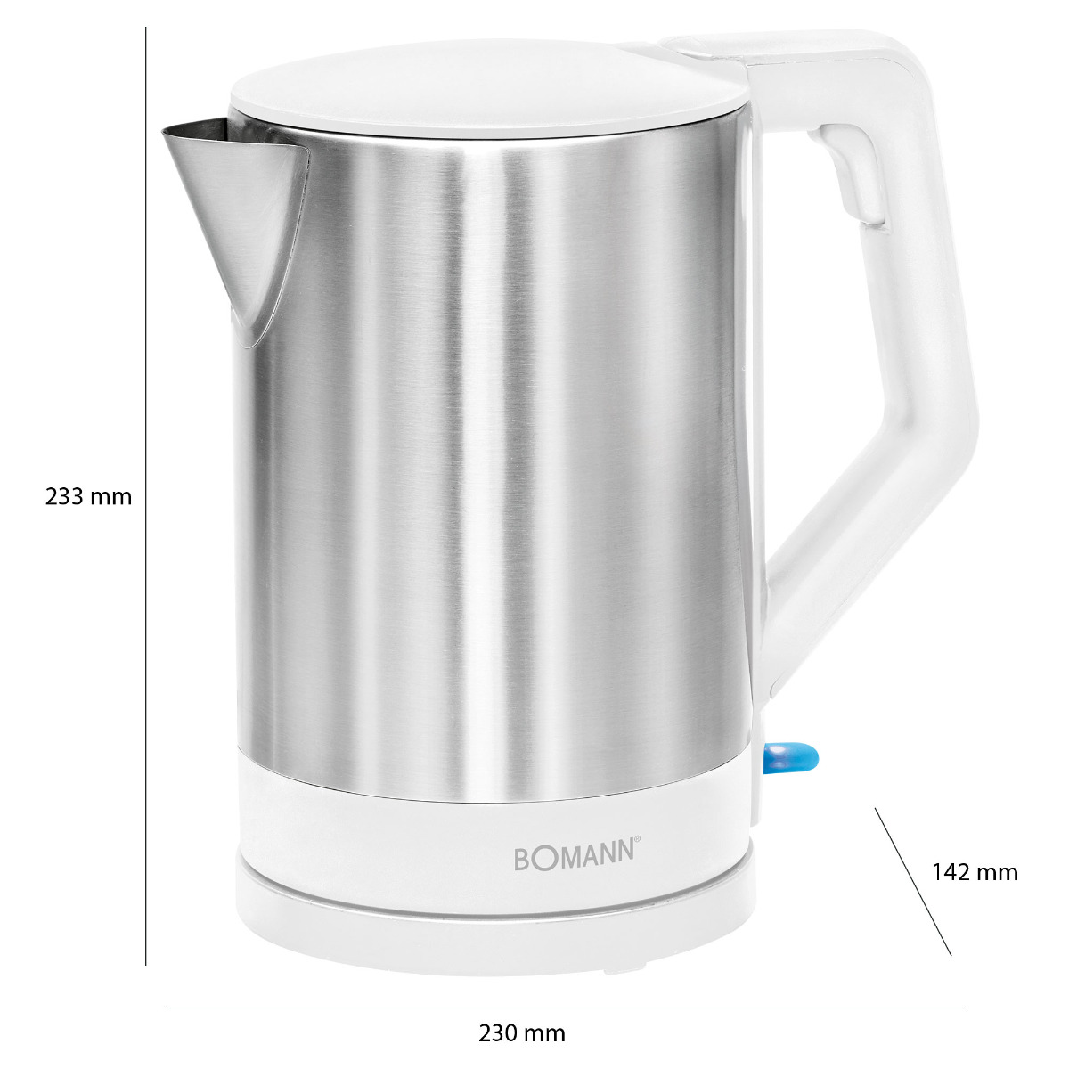 Biały i srebrny czajnik elektryczny z wymiarami.
