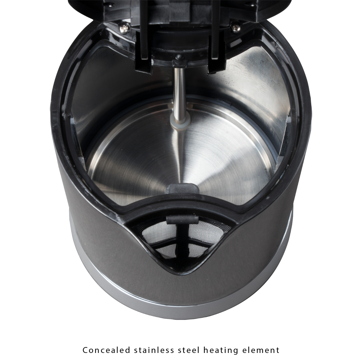 Wnętrze srebrno-czarnego czajnika elektrycznego, otwarte, pokazujące element grzejny i filtr.