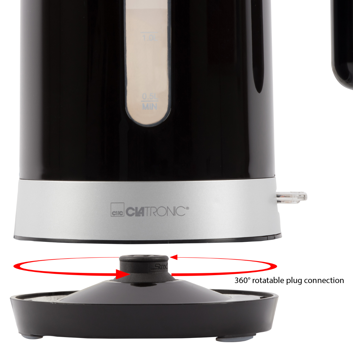 Czarny i srebrny czajnik elektryczny, ze zbliżeniem podstawy. Pokazuje połączenie Strix.