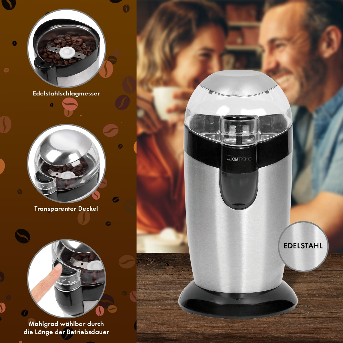 Młynek do kawy z ziarnami kawy w środku, pokazany z etykietami i rozmytym tłem pary.