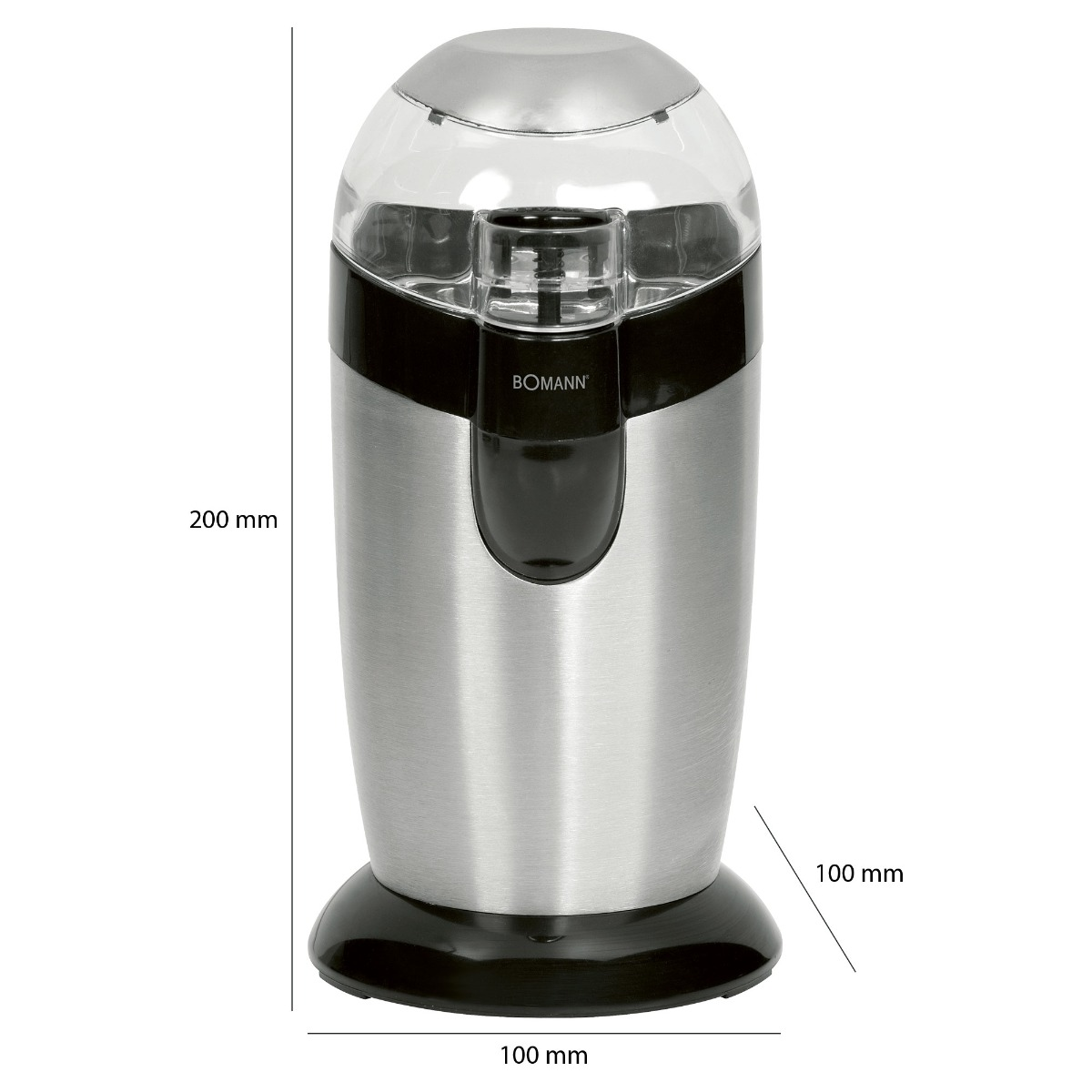 Srebrno-czarny młynek do kawy. Wymiary pokazane z etykietami.