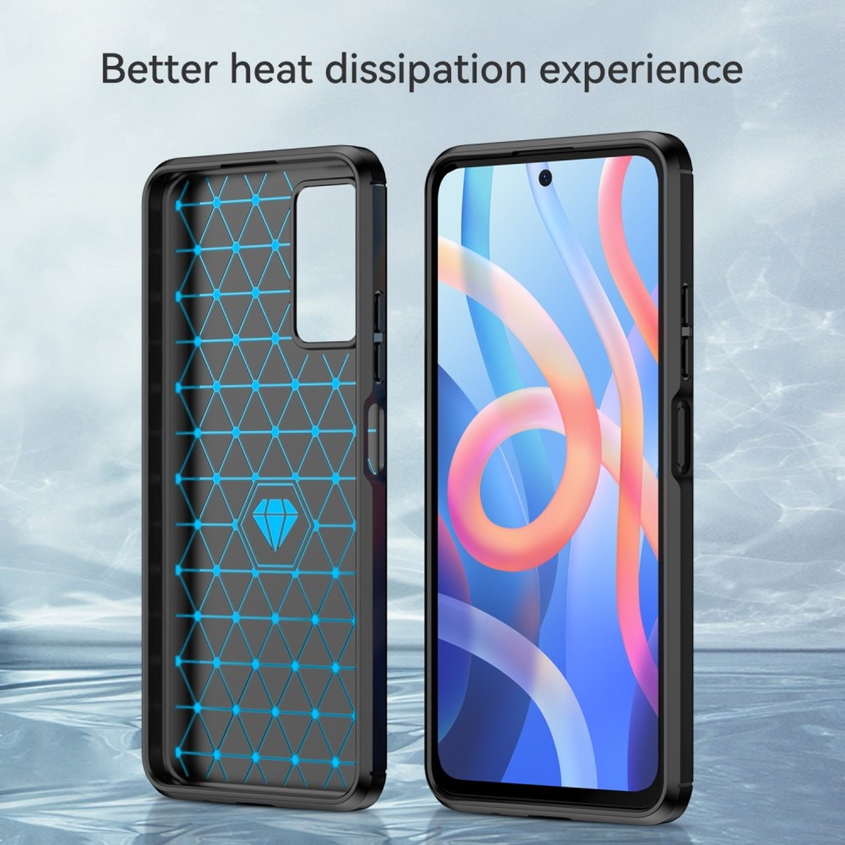 Zwei schwarze Handyhüllen. Eine ist offen, mit blauen Akzenten; die andere hält ein Telefon mit farbenfrohem Design.