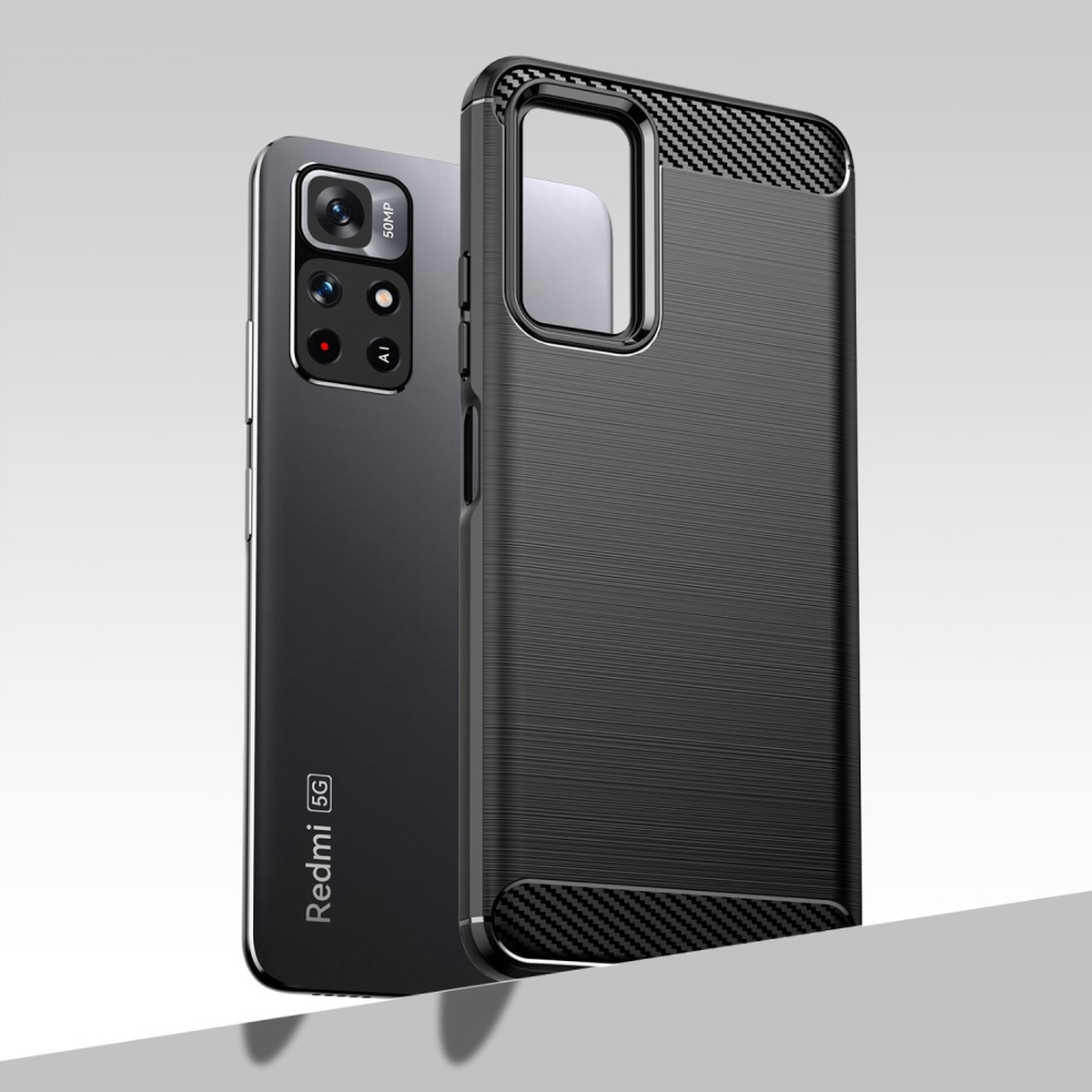 Zwei schwarze Handyhüllen. Eine ist an einem Telefon, die andere separat.