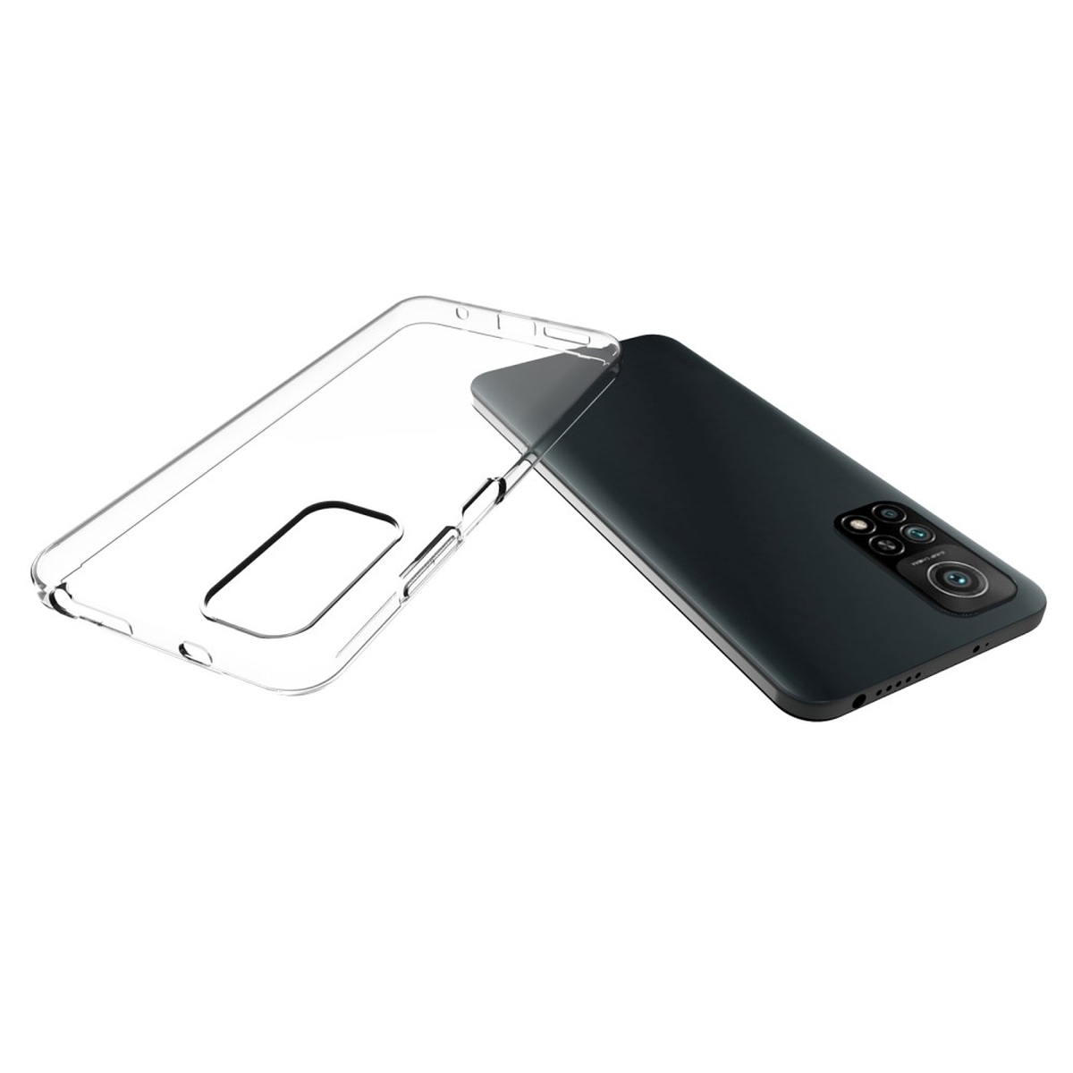 Transparente Handyhülle und schwarze Handy-Rückseite liegen auf weißem Hintergrund.