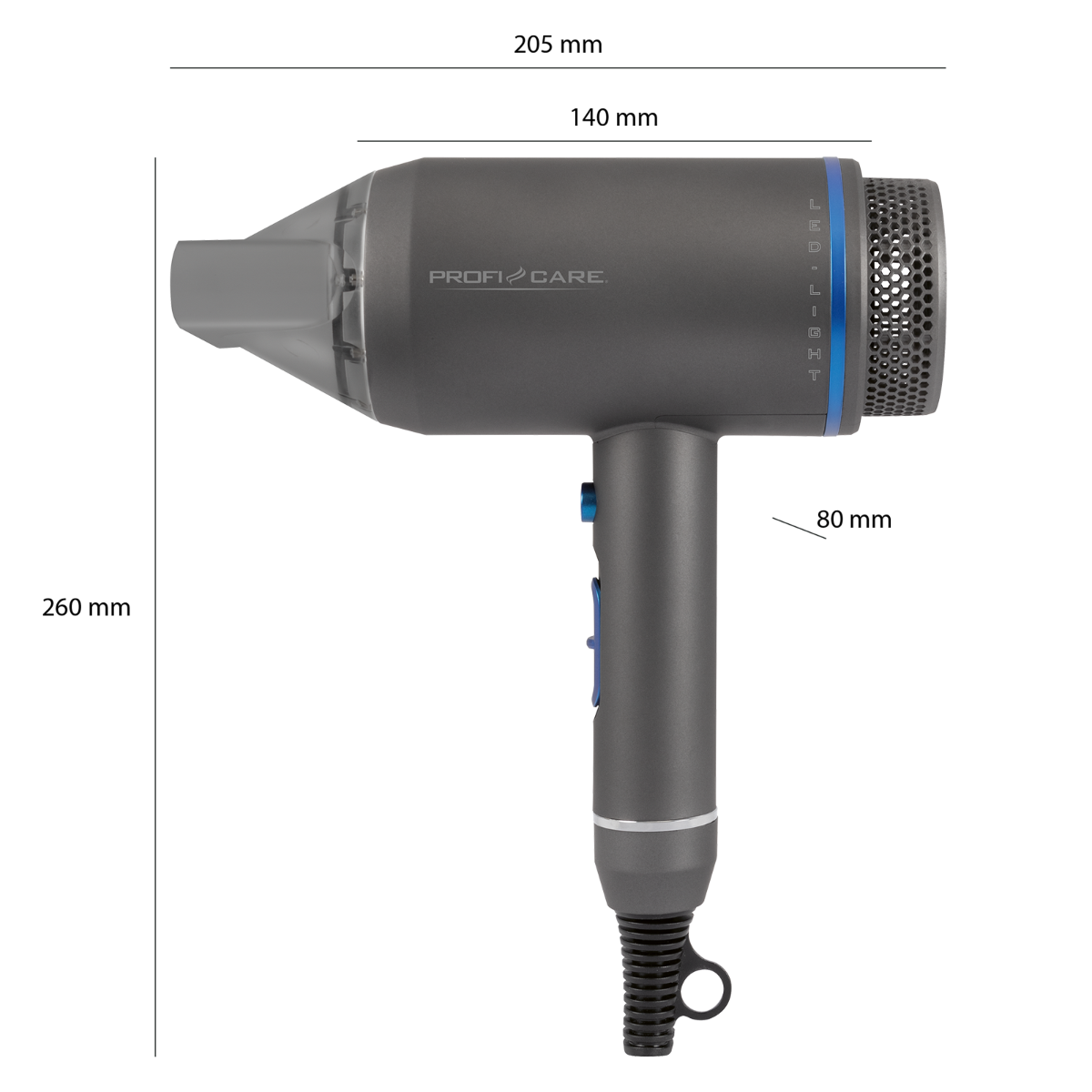 Szara suszarka do włosów ProfiCare, ze wskazaniem wymiarów. Na ciemnym tle.