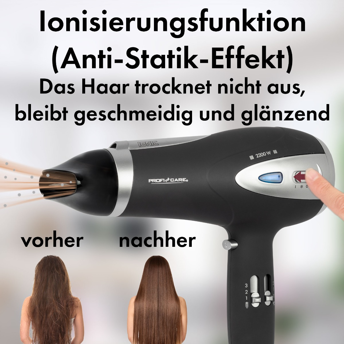 Suszarka do włosów, zdjęcia przed i po, pokazujące suche i gładkie włosy. Tekst mówi o funkcji jonizacji.