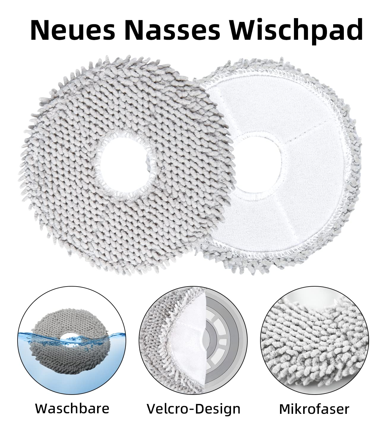 Pokazano dwie okrągłe nakładki do mopa, ze zbliżeniami ich tekstury i wzoru.