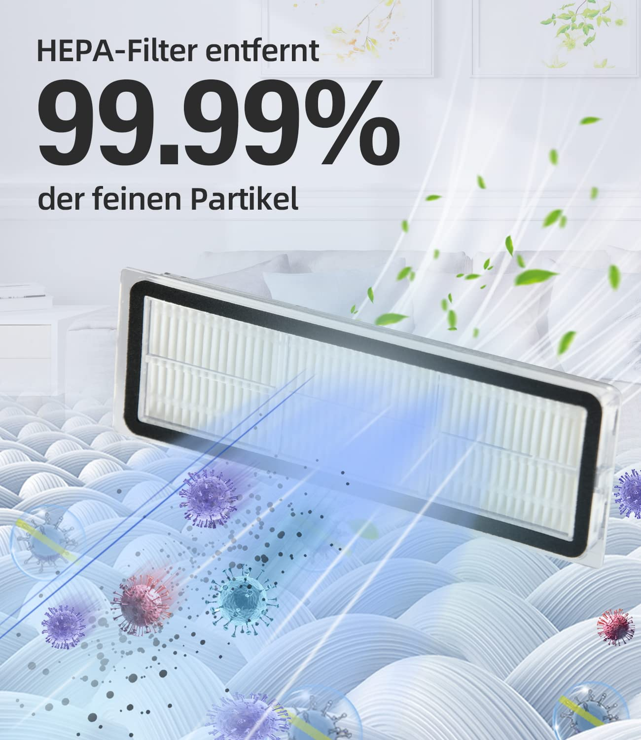 Filtr powietrza z filtrem HEPA usuwającym 99,99% drobnych cząsteczek. Pokazano wirusy.