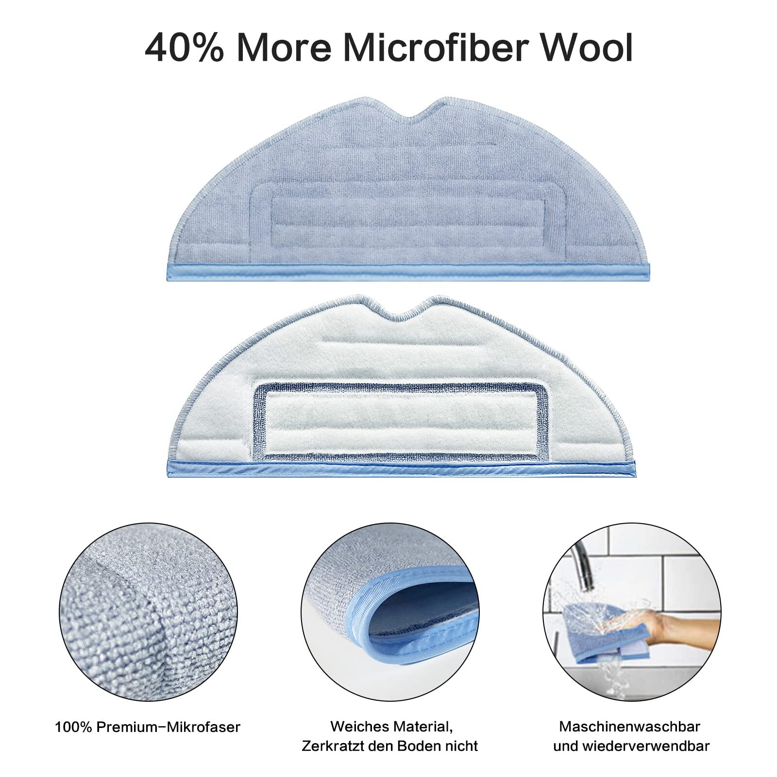 Zbliżenie na dwie niebieskie nakładki do mopa z mikrofibry i szczegóły.