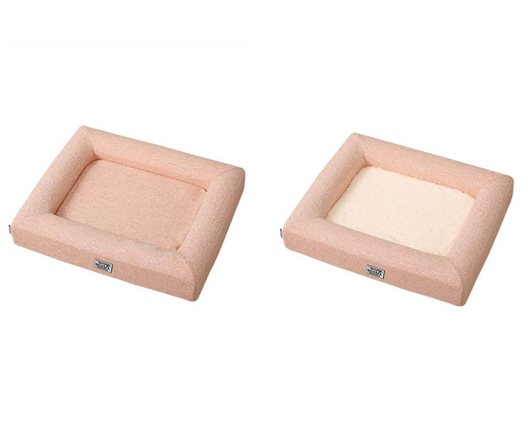 Zwei rosa Hundebetten sind auf weißem Hintergrund abgebildet. Eines hat ein rosa Bett und das andere ein weißes Bett.