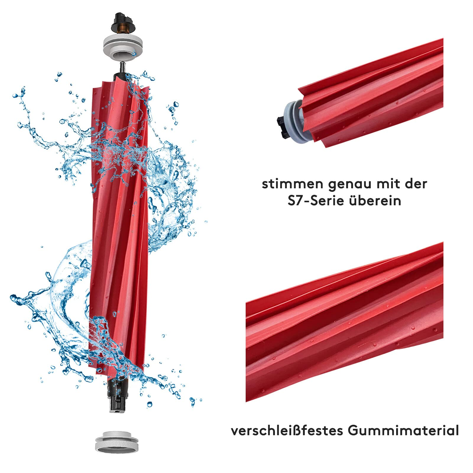 Czerwona szczotka z rozpryskami wody i zbliżeniami z tekstem.