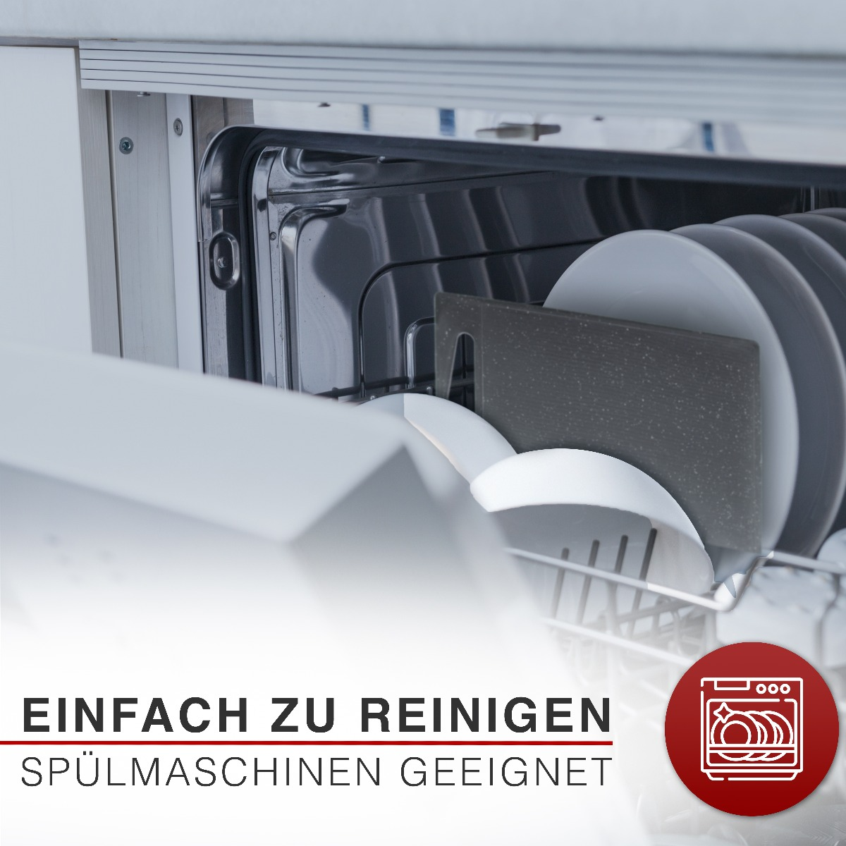 Zmywarka z talerzami i sztućcami w środku oraz tekstem o tym, jak łatwo ją wyczyścić.