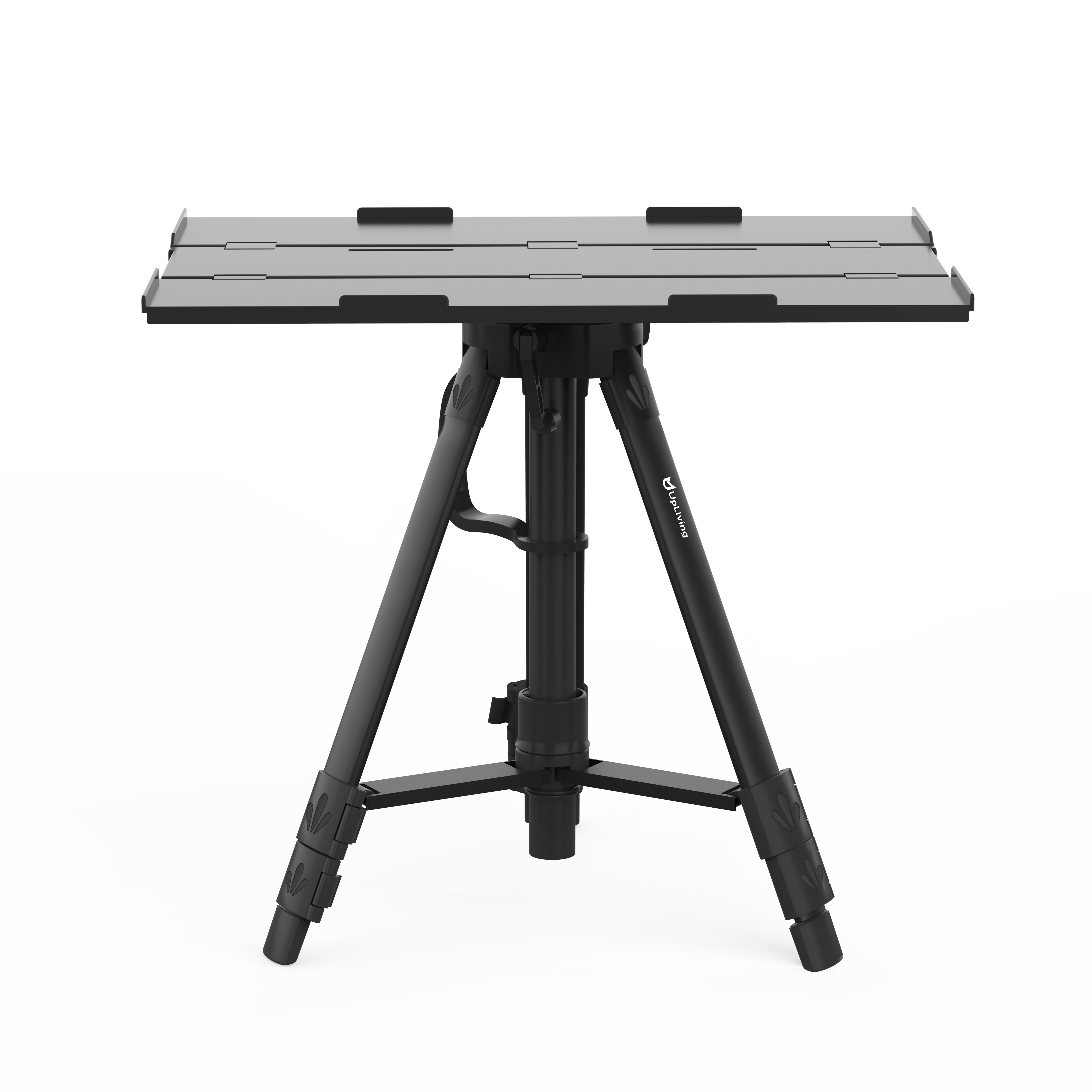 Ein schwarzes Stativ mit einem schwarzen Tablet-Ständer. Es ist auf weißem Hintergrund.