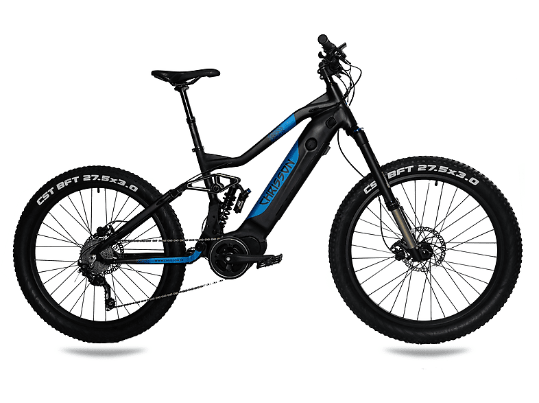 CHRISSON 27,5 Zoll eXDURO Fully Schwarz-Blau Mountainbike (Laufradgröße: 27,5 Zoll, Rahmenhöhe: 50 cm, Unisex-Rad, 612, schwarz blau)