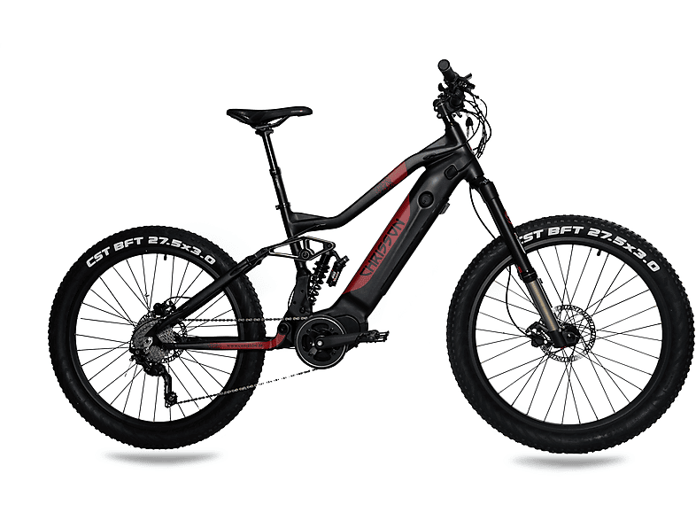 CHRISSON 27,5 Zoll eXDURO Fully Schwarz-Rot Mountainbike (Laufradgröße: 27,5 Zoll, Rahmenhöhe: 50 cm, Unisex-Rad, 612, schwarz rot)