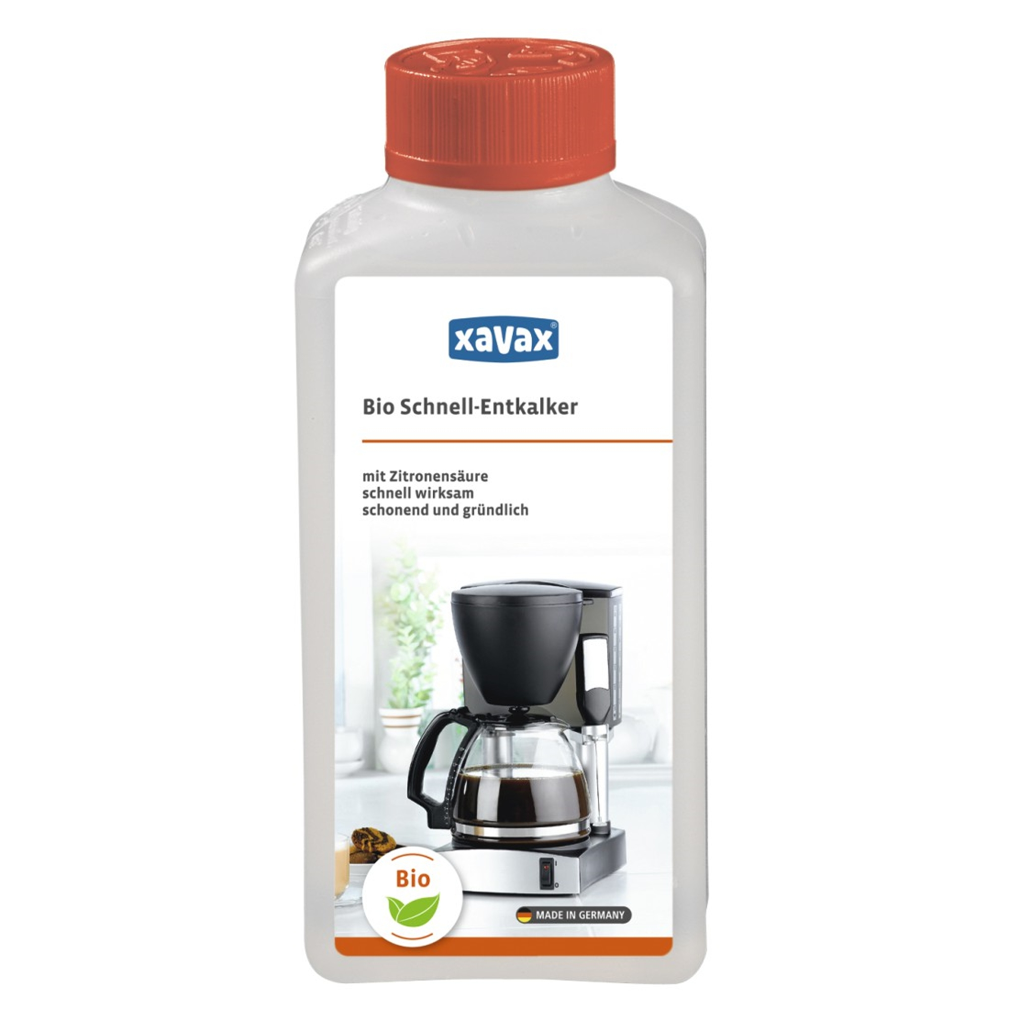 Flasche Entkalker mit Kaffeemaschine im Hintergrund und einem Blattsymbol.