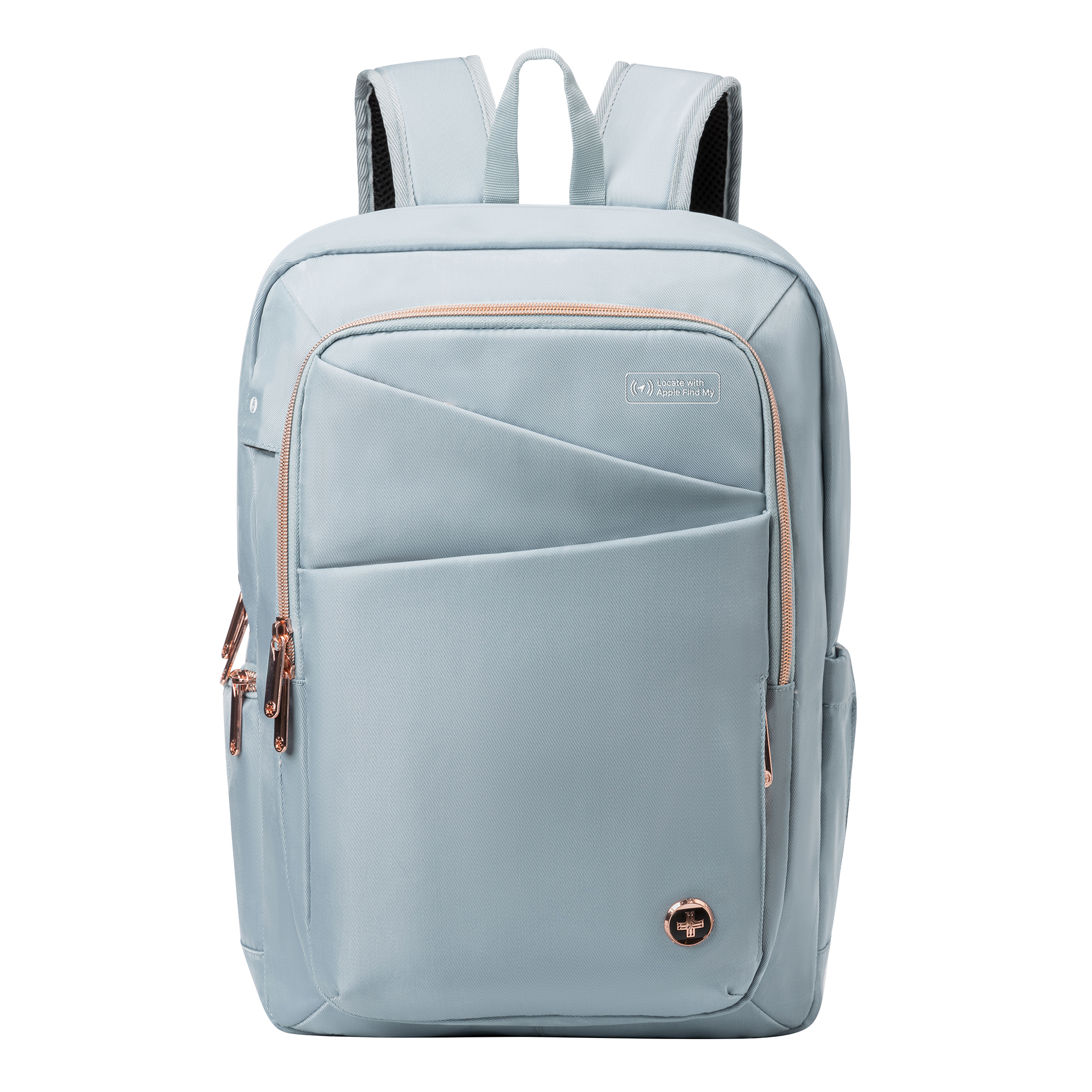 Hellblauer Rucksack mit roségoldenen Reißverschlüssen und Akzenten, auf weißem Hintergrund.