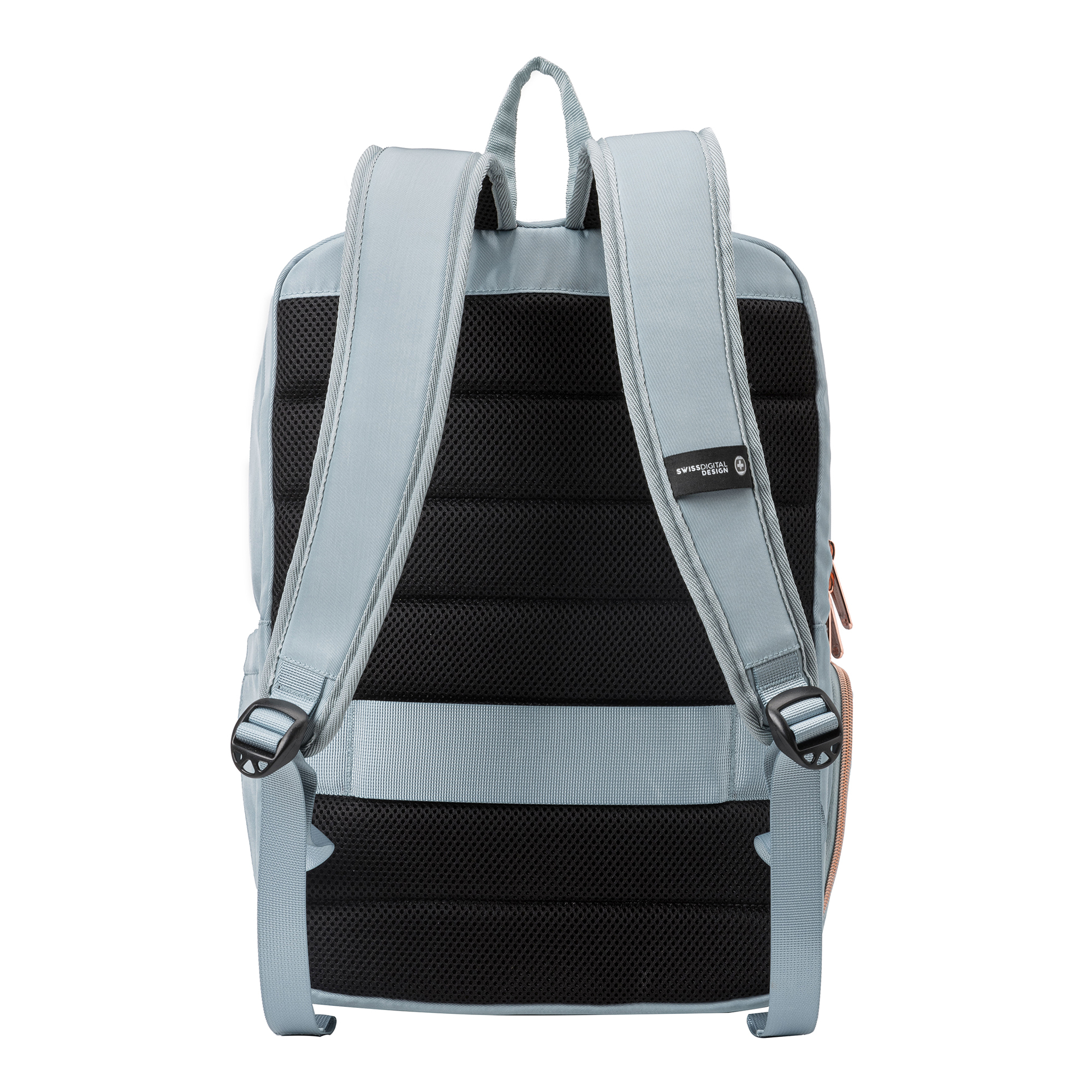 Rucksack mit blauem und schwarzem Design. Verfügt über zwei Schultergurte, einen Griff und ein Mesh-Rückenteil.