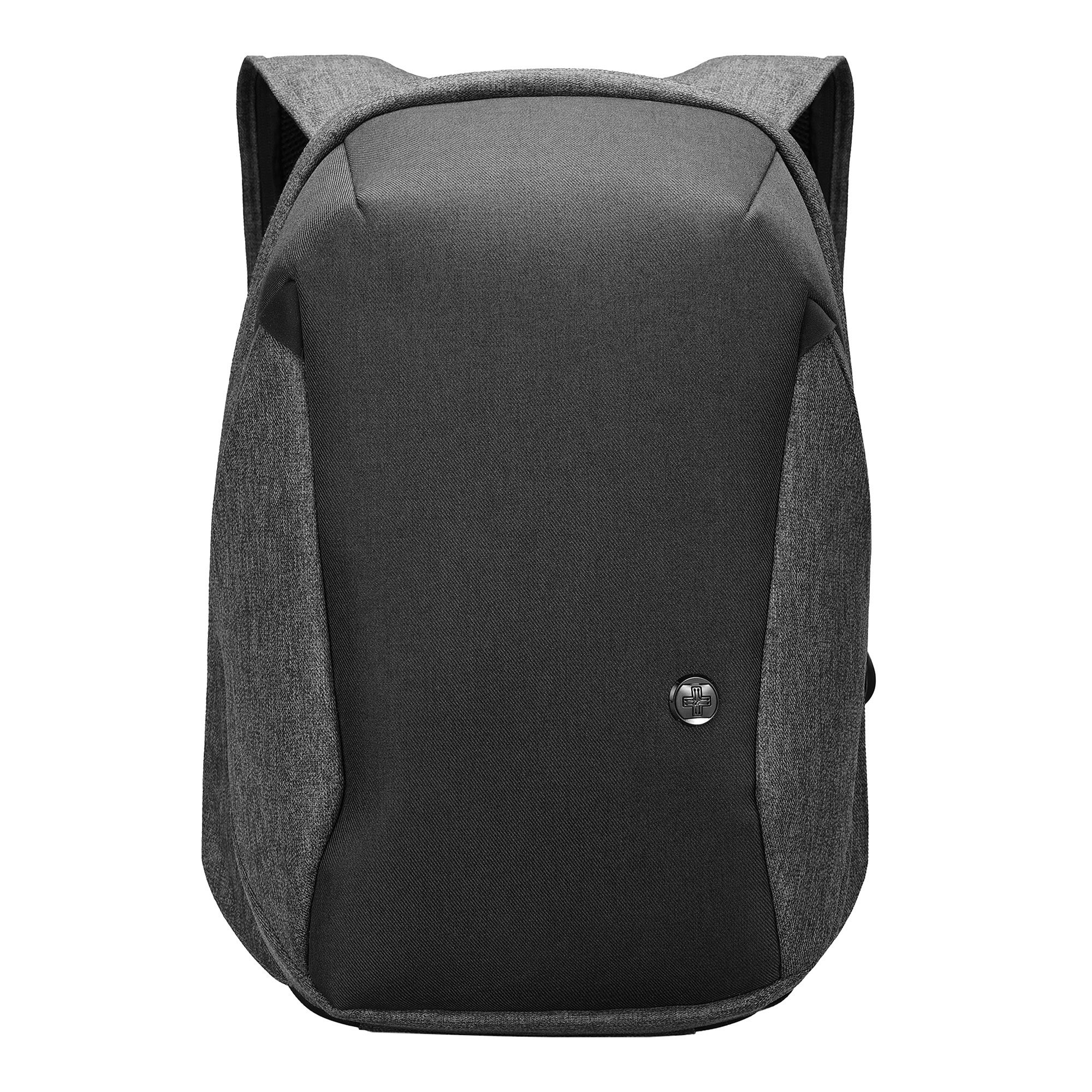 Uno zaino nero e grigio con un design curvo e un piccolo logo.
