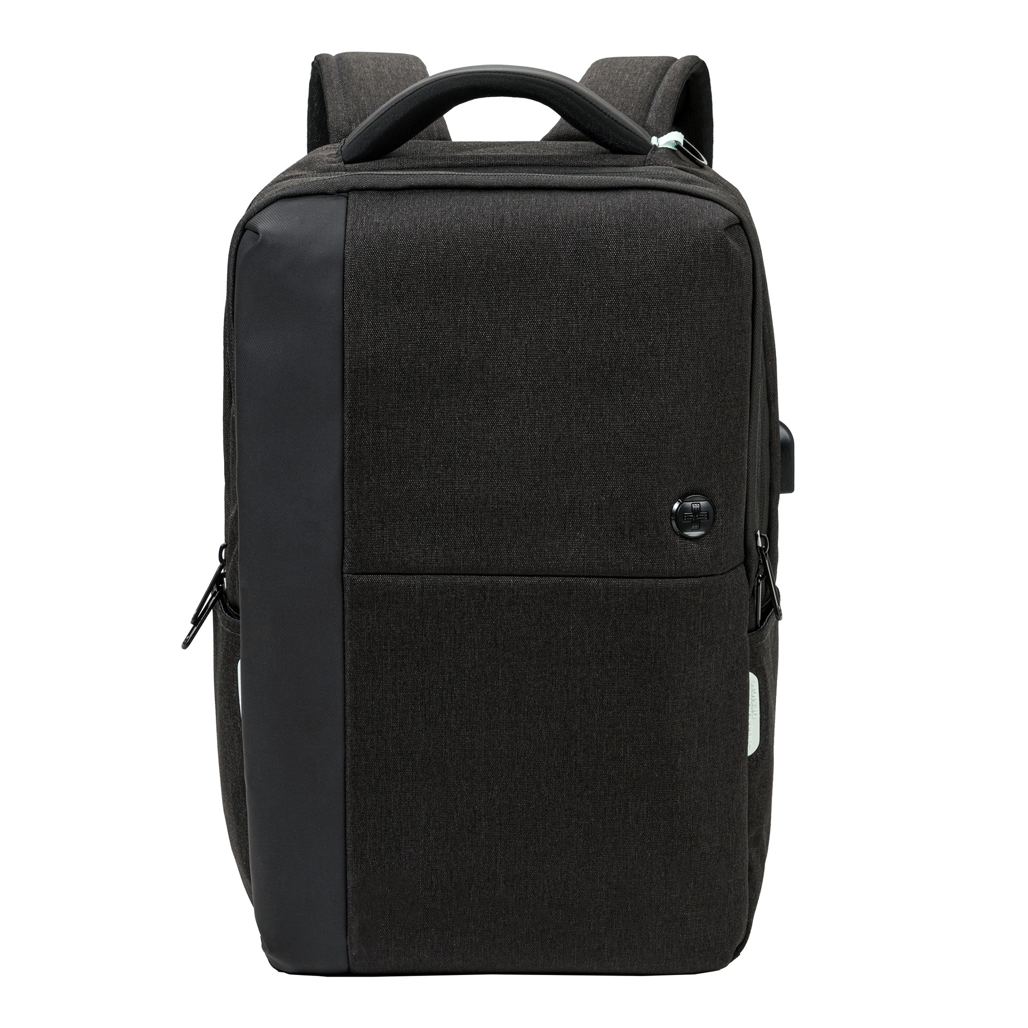 Uno zaino nero con maniglia e tasca frontale nera. Lo zaino ha un design elegante.