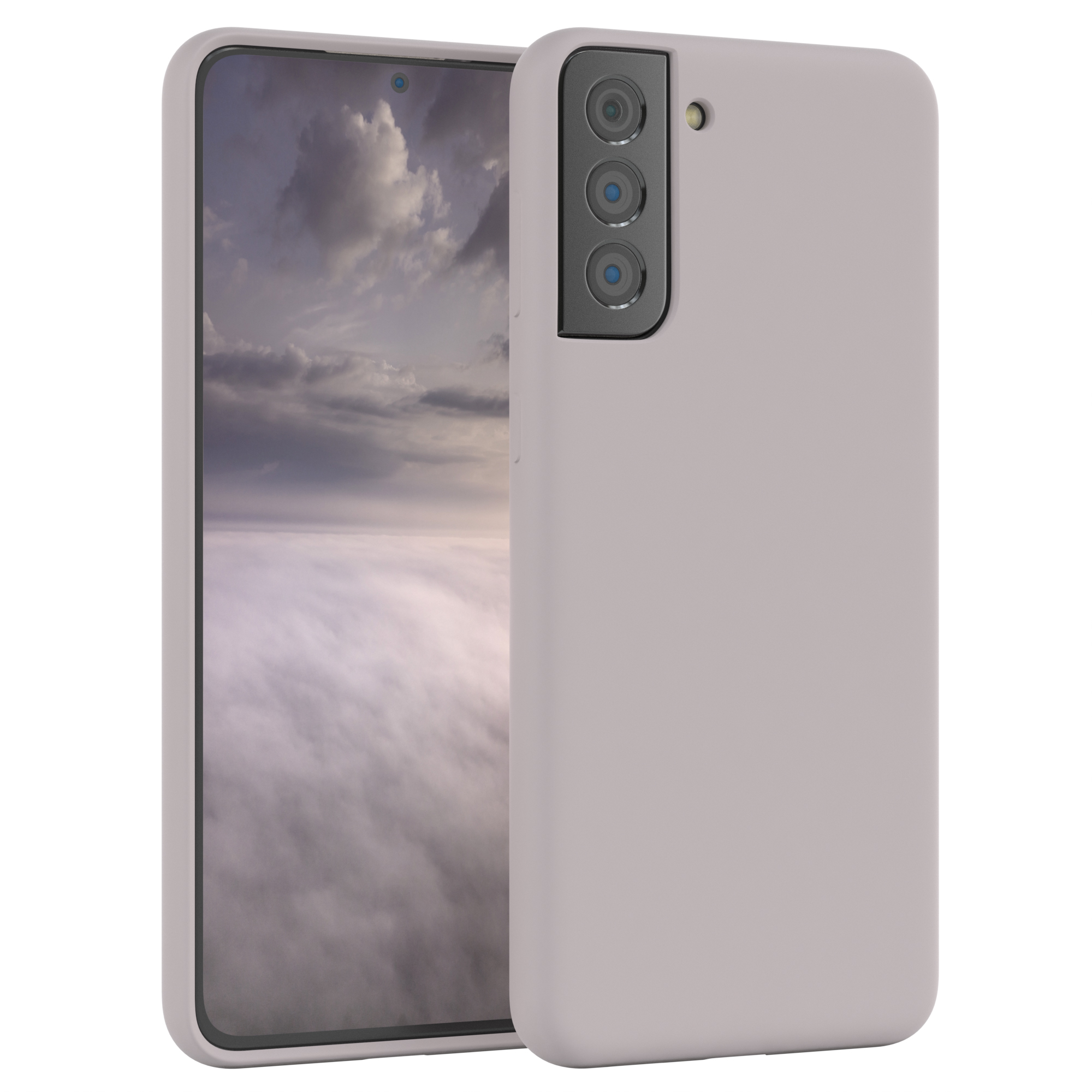Ein Mobiltelefon in einer hellfarbigen Hülle, mit zwei weiteren Seiten der Hülle, mit einem Hintergrund mit Wolken.