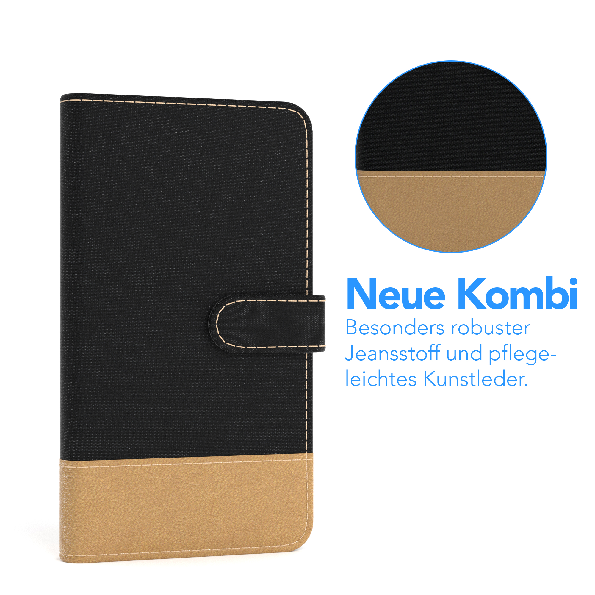 Eine schwarz-braune Handyhülle. Text: Neue Kombi. Robuster Jeansstoff und pflegeleichtes Kunstleder.