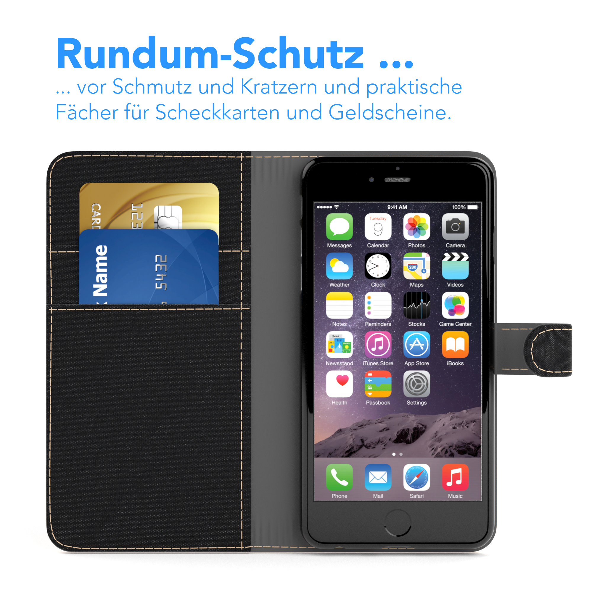 Schwarze Handyhülle mit Kreditkarten und Bargeld, zeigt einen Telefonbildschirm.