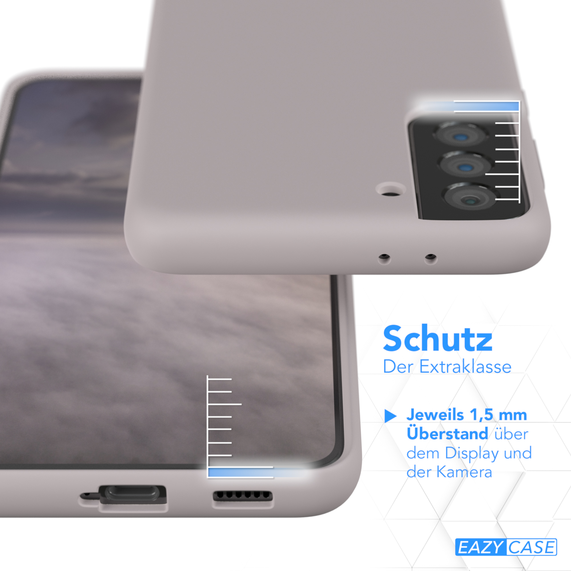 Handyhülle mit Telefon. Die Hülle ist hellgrau, die Kamera des Telefons sichtbar.