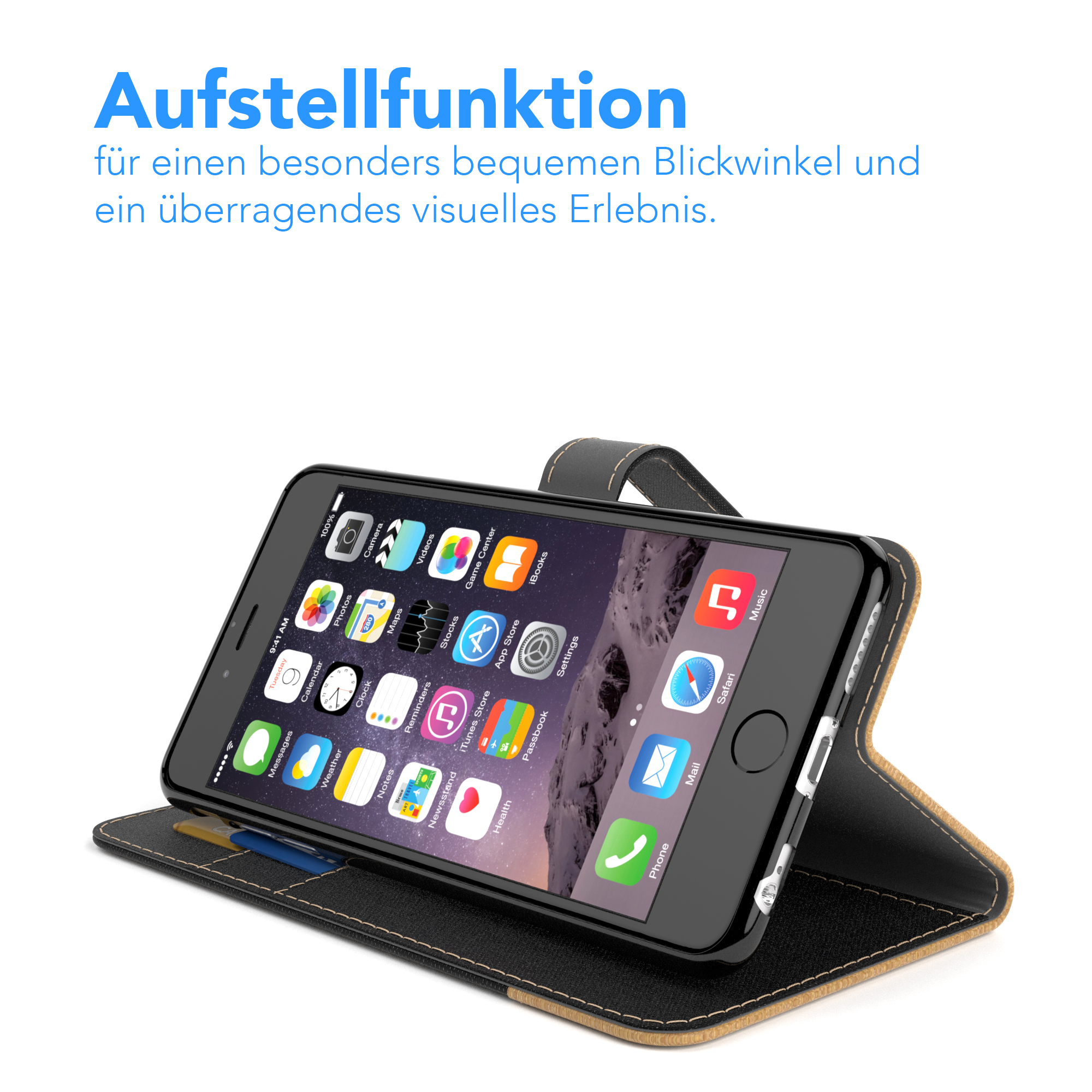 Ein Telefon in einem Gehäuse, das auf einem Tisch geneigt ist. Das Telefon zeigt die App-Symbole.