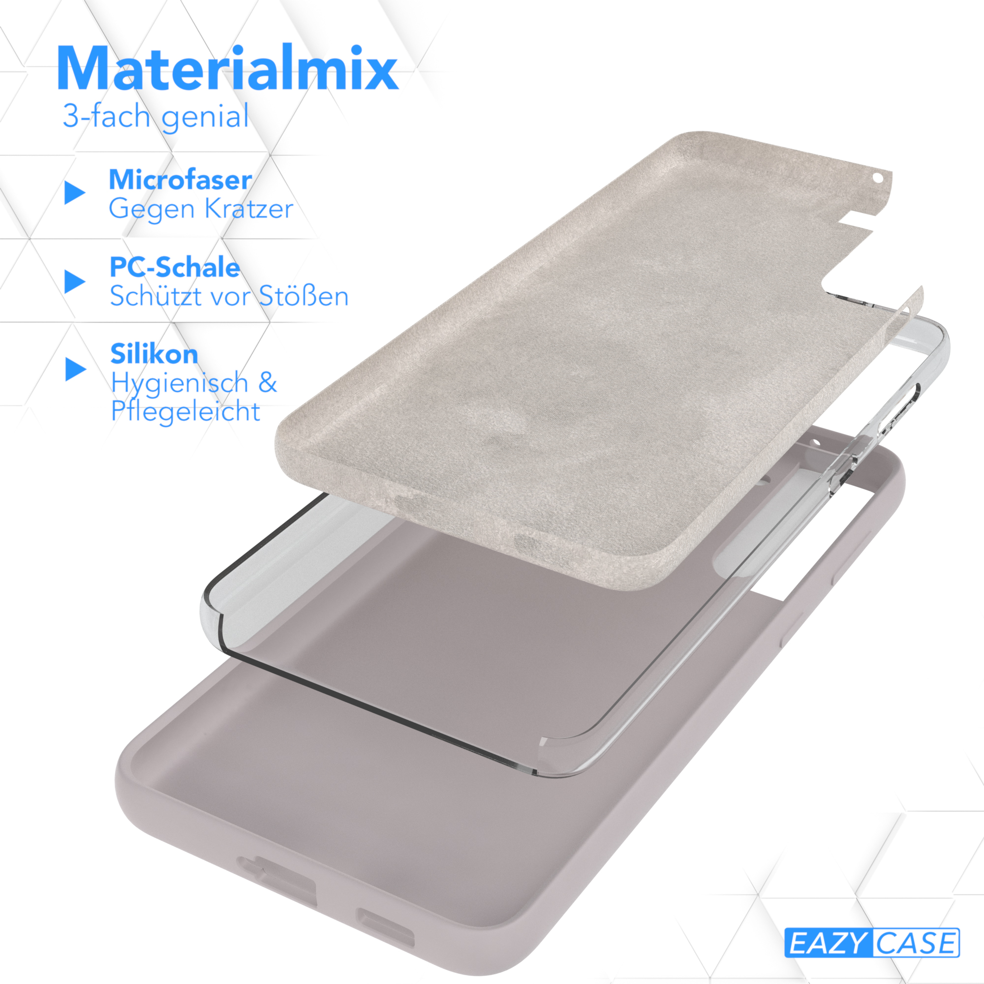 Eine Handyhülle wird in drei Schichten gezeigt. Die Schichten umfassen Mikrofaser, eine PC-Schale und Silikon.