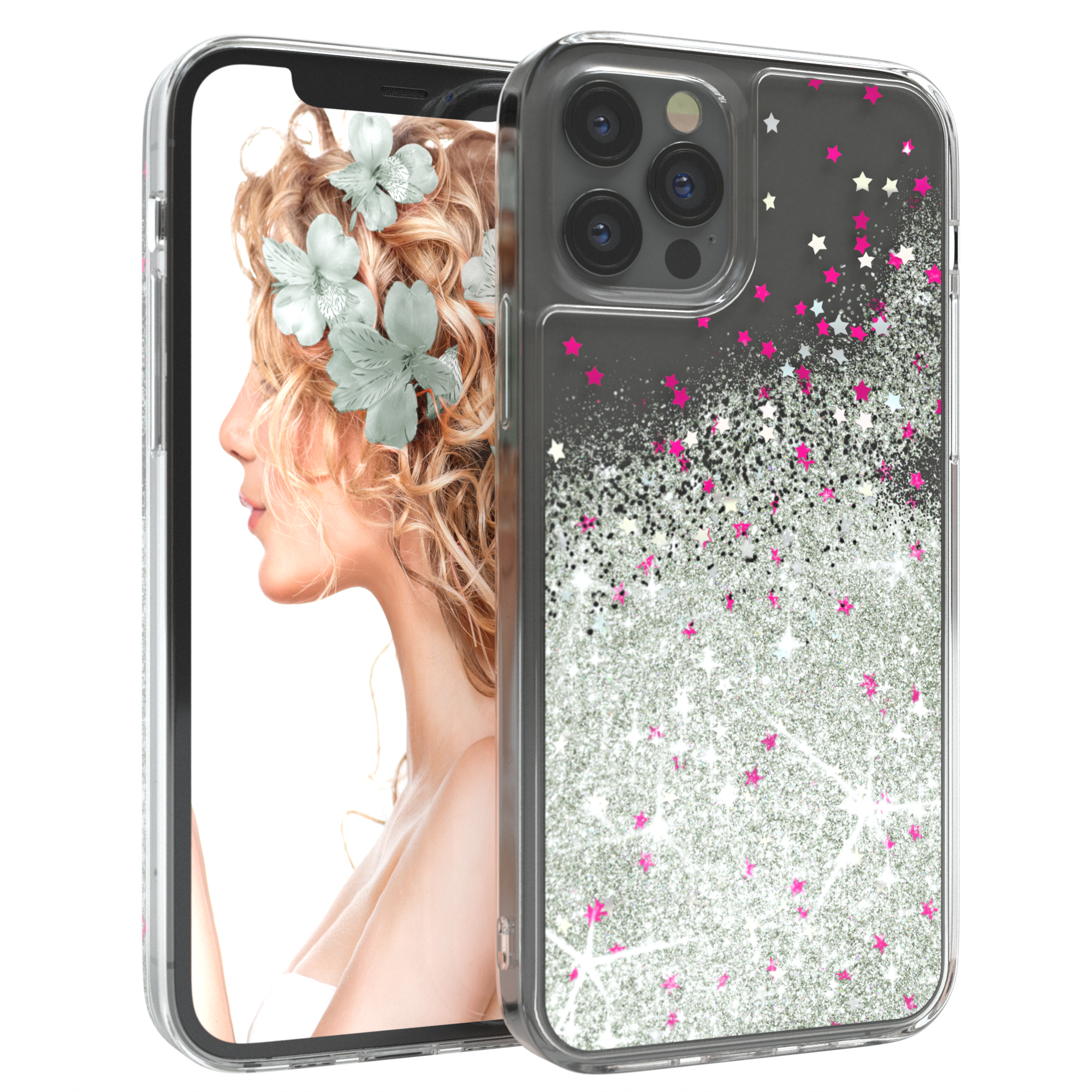Handyhülle mit Frauengesicht und Blumen. Glitzerhintergrund mit rosa Sternen. Weißer Hintergrund.