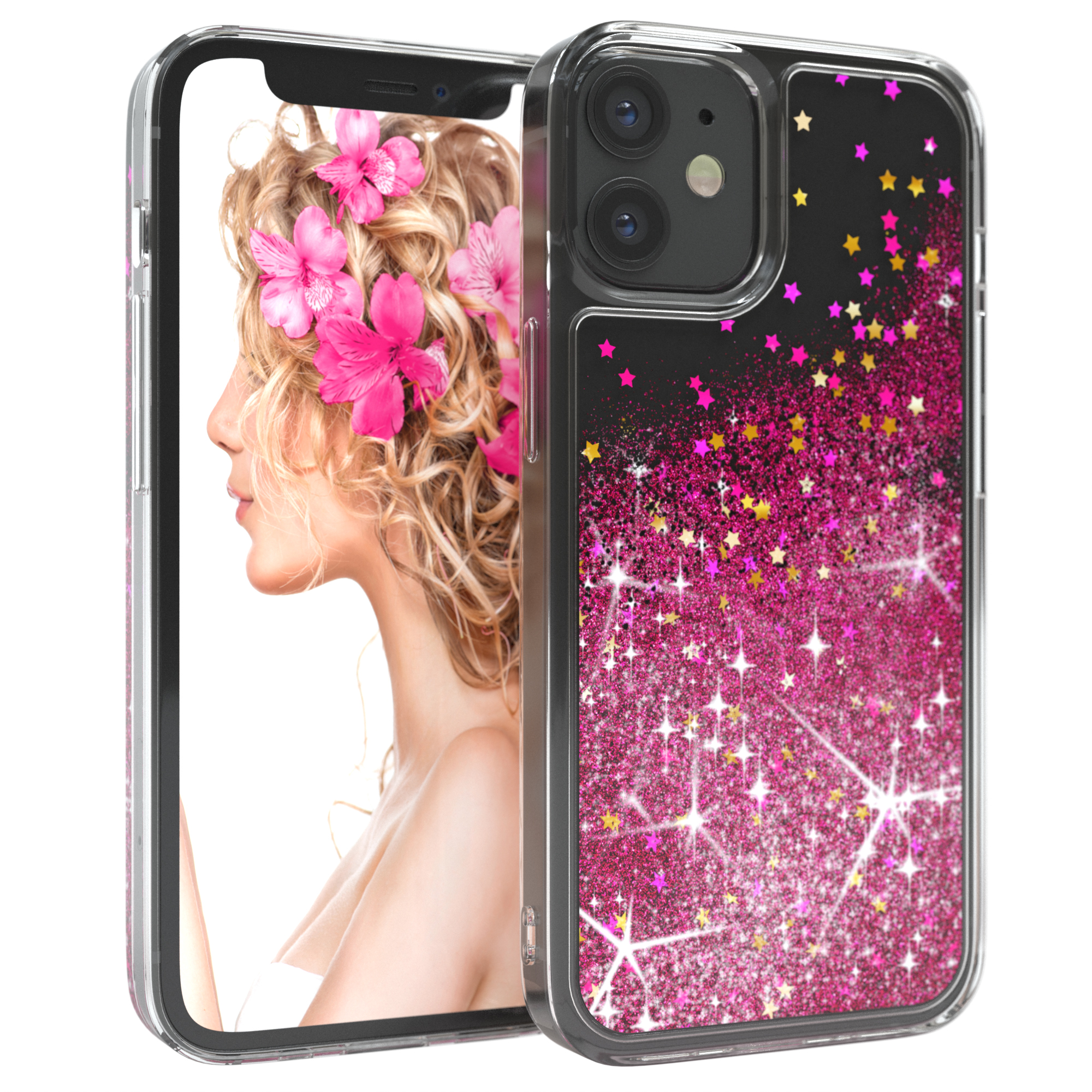 Transparente Handyhülle mit rosa Glitzer und Sternen. Frau mit rosa Blumen im Haar ist auf dem Telefonbildschirm.