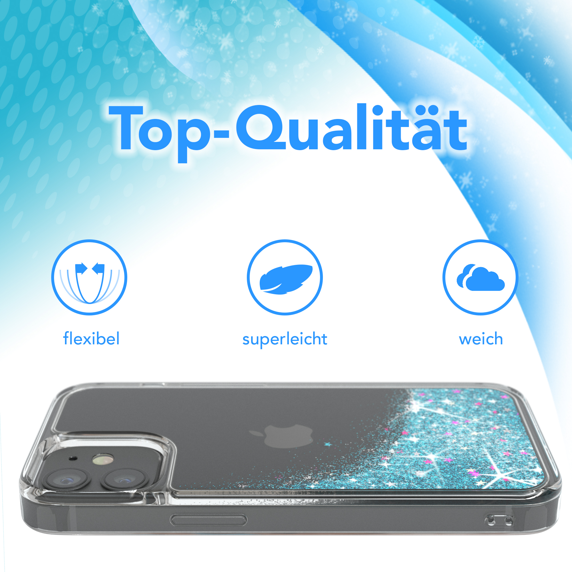 Transparente Handyhülle mit Telefon im Inneren. Symbole für flexibel, superleicht und weich. Top-Qualität Text.