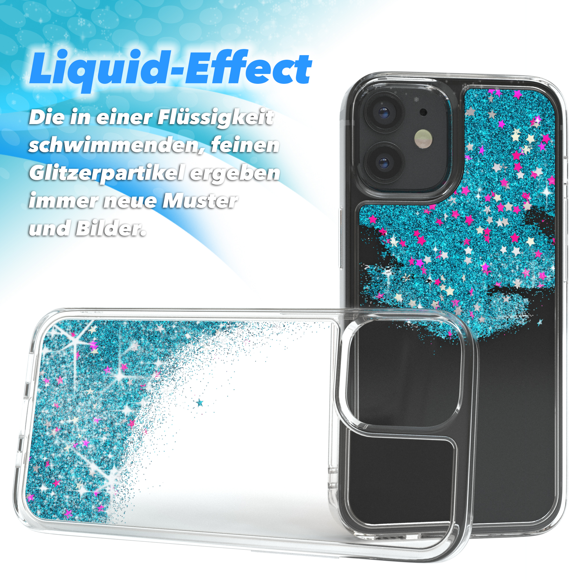 Eine Handyhülle mit Flüssigkeit und Glitzer. Die Flüssigkeit enthält Sterne und Glitzer. Die Hülle ist klar.
