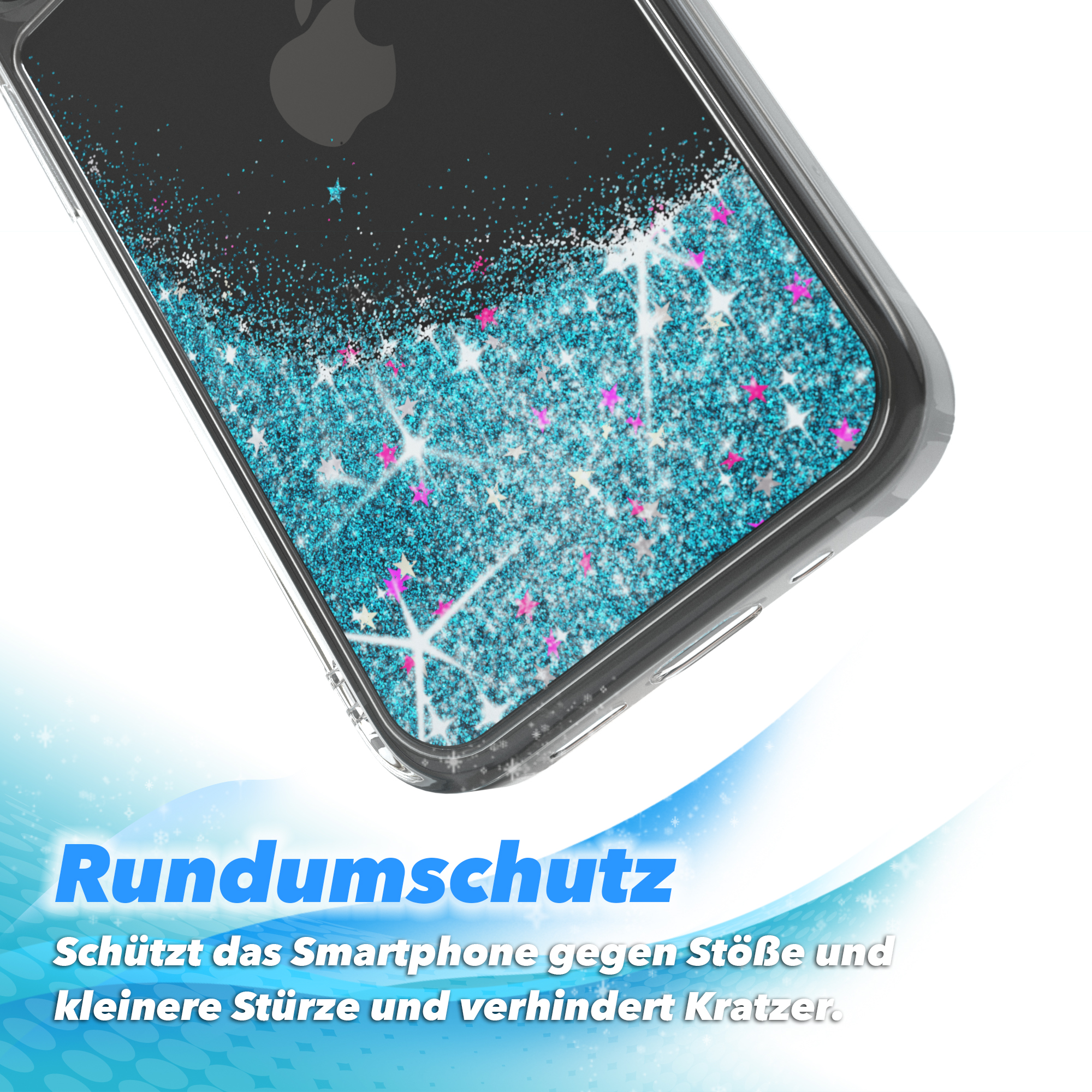 Nahaufnahme einer Handyhülle mit blauem Glitzer und rosa Sternen, schwarzes Telefon innen.