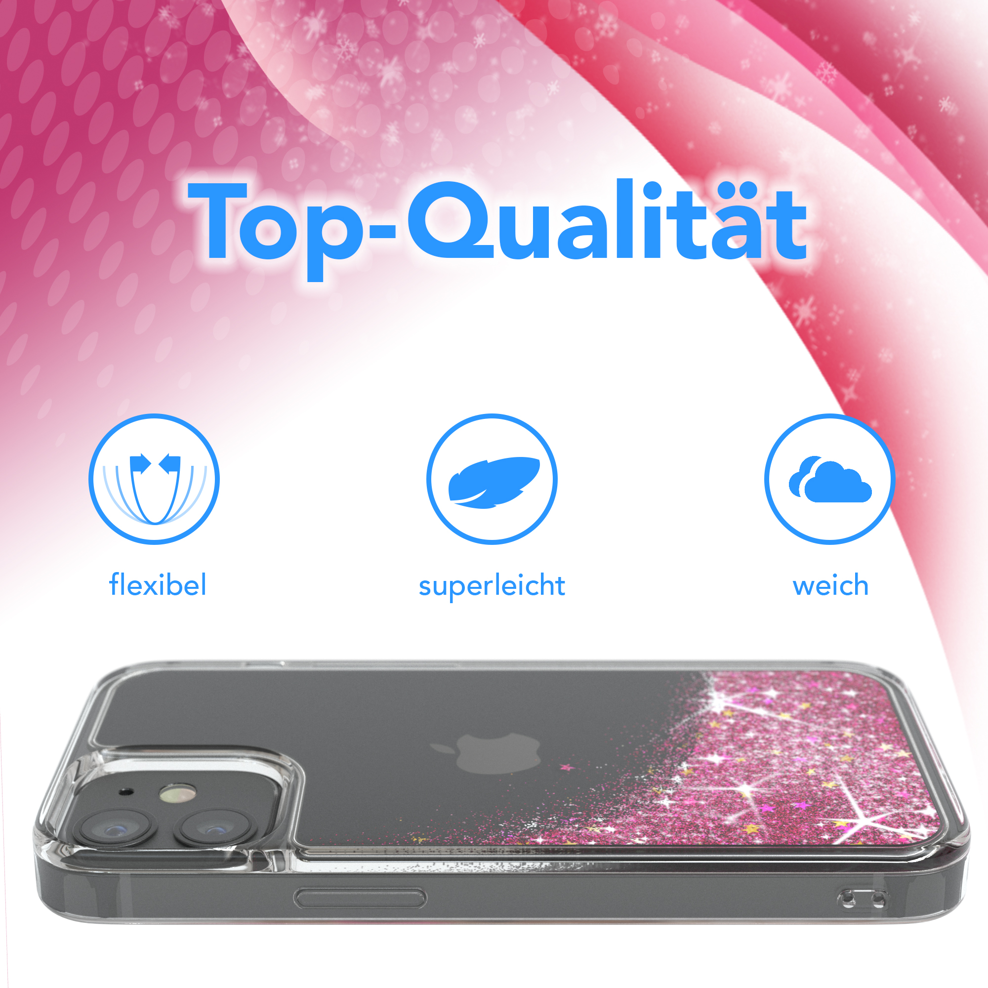 Handyhülle mit rosa Glitzer, transparent, mit den Worten Top-Qualität.