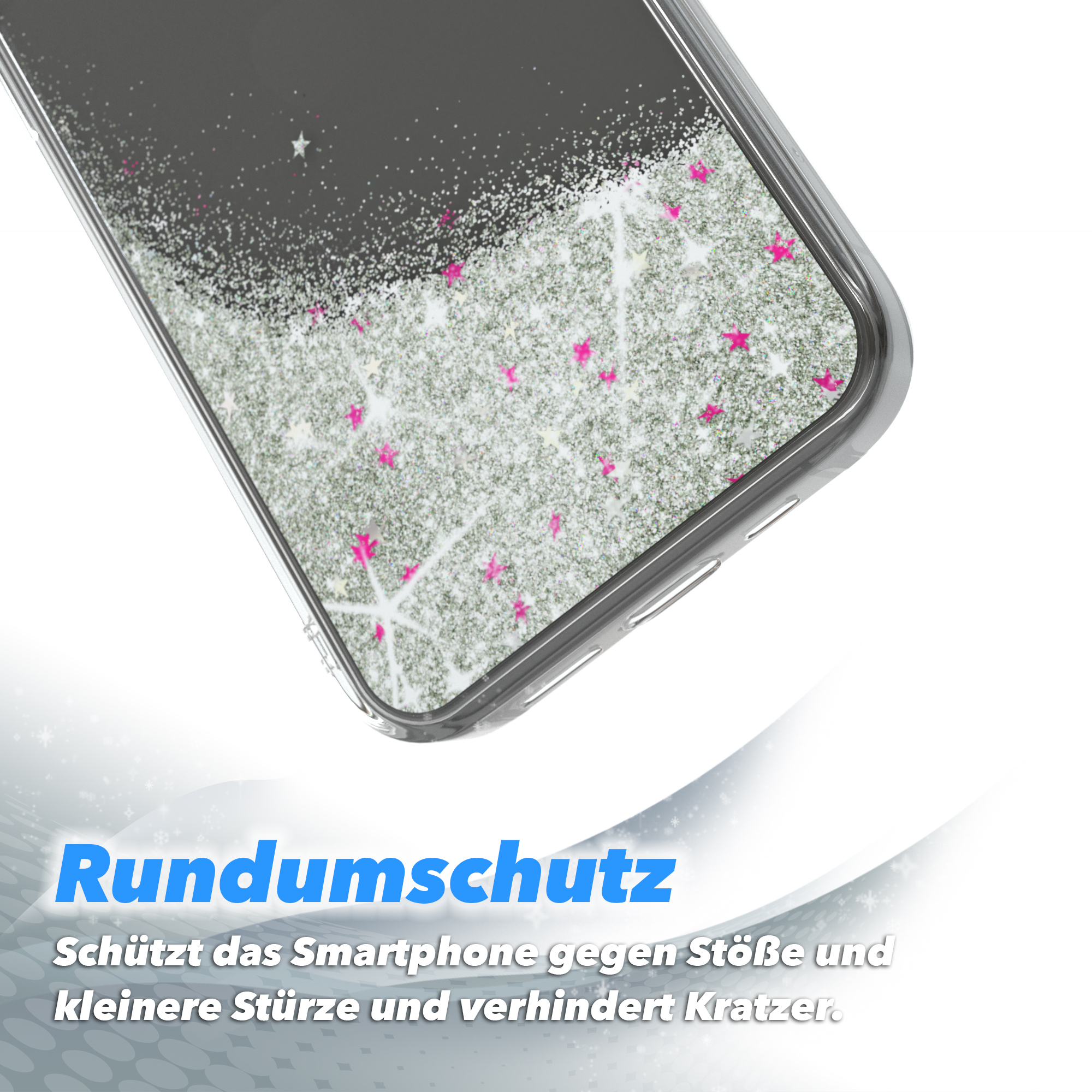 Nahaufnahme einer Handyhülle mit Glitzer und Sternen. Sie hat einen transparenten Rand. Text unten.