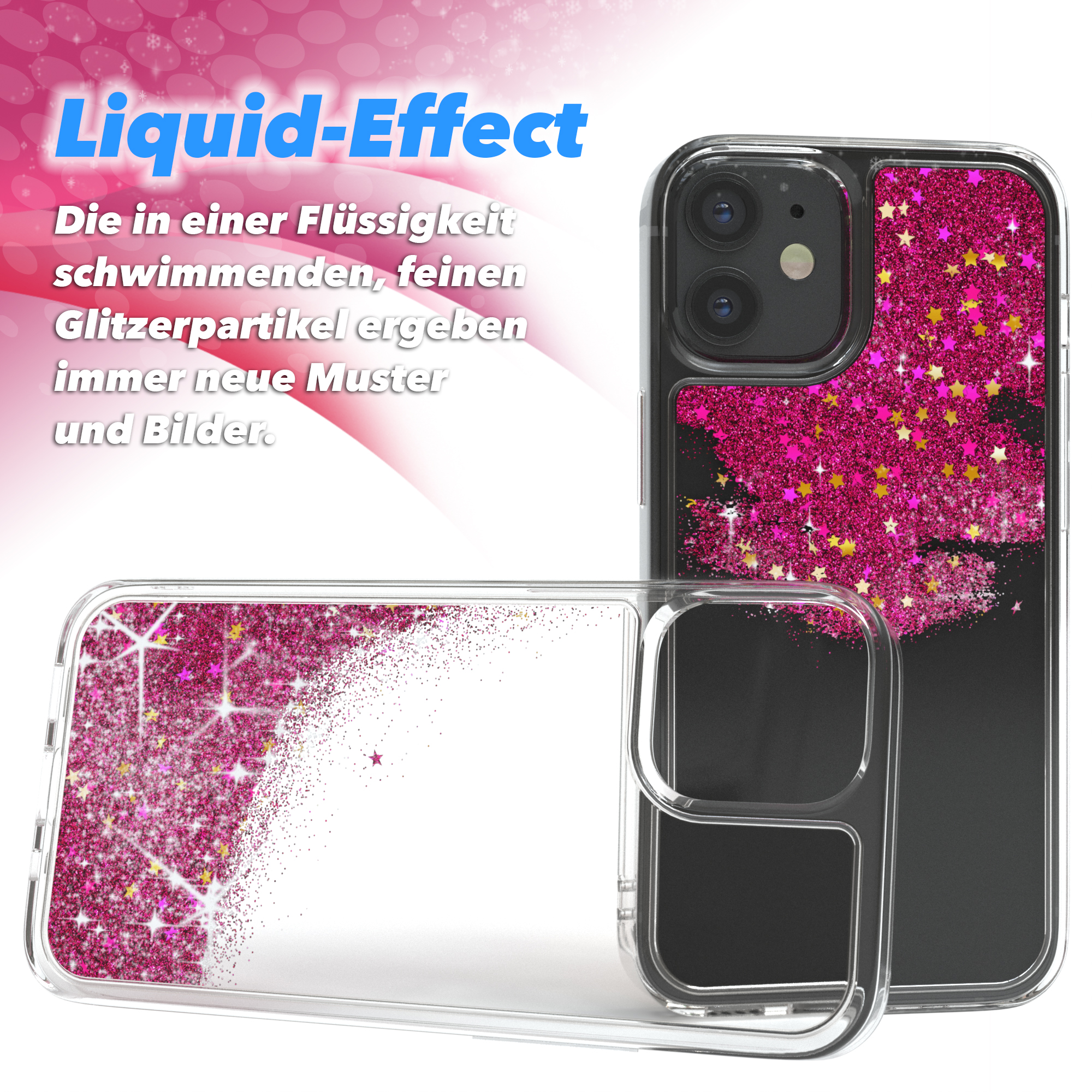 Transparente Handyhülle mit rosa Glitzer, mit Flüssigkeitseffekt und Sternen.