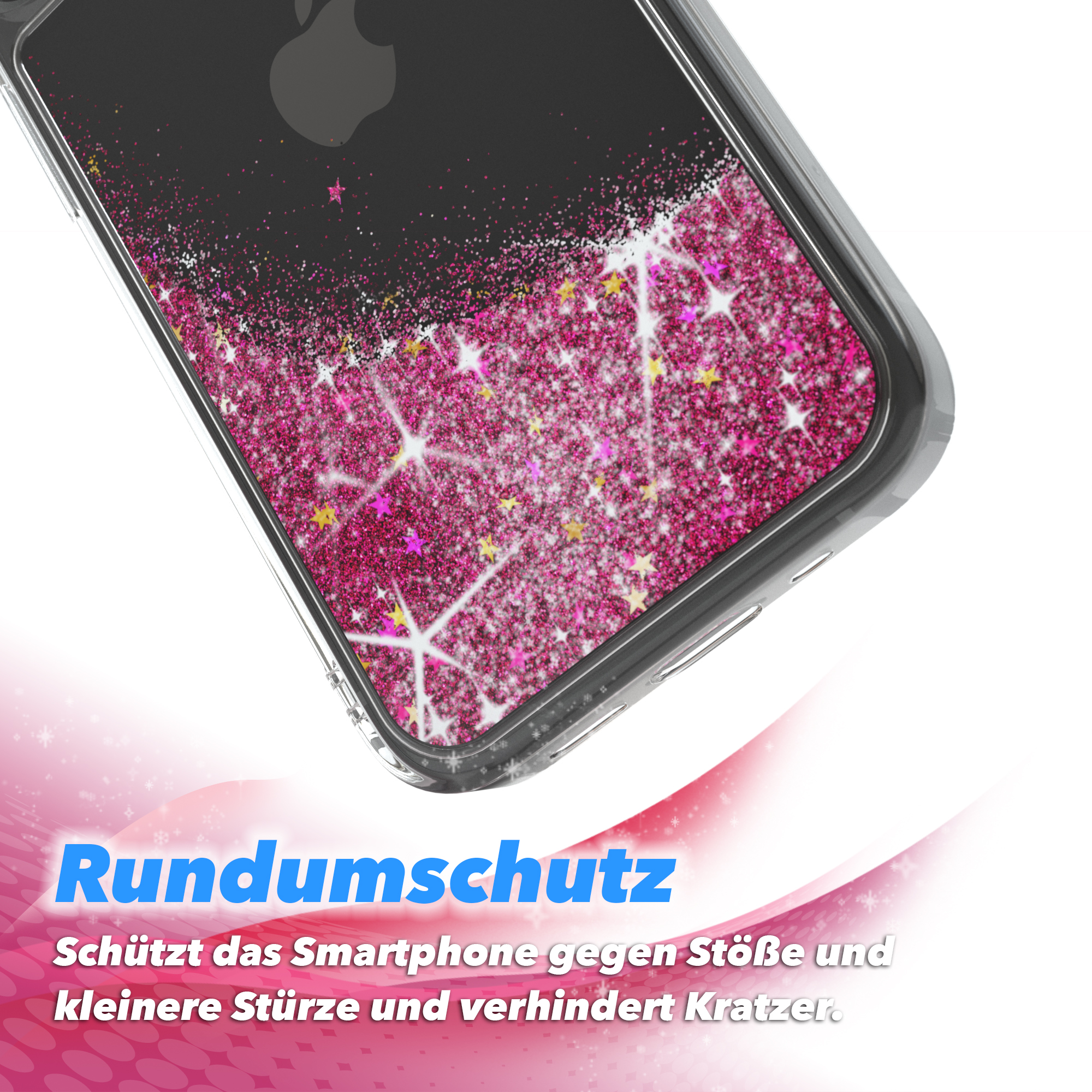 Transparente Handyhülle mit Glitzer. Das Telefon zeigt rosa Sterne und Glitzer. Weißer Hintergrund.
