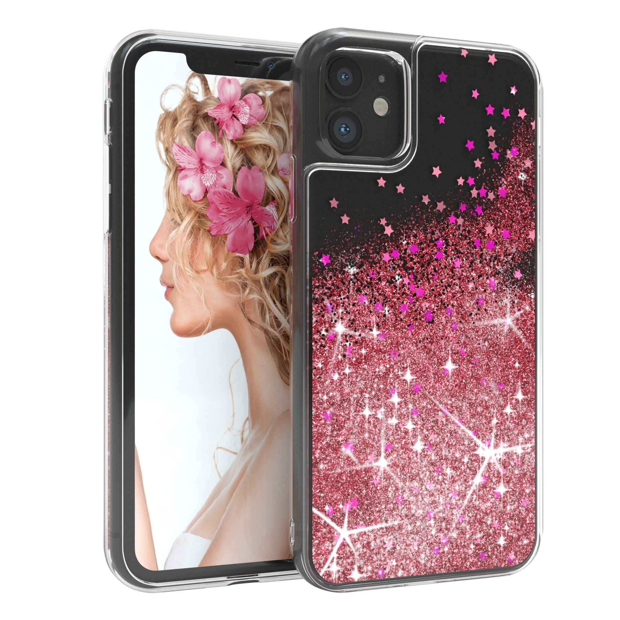 Handyhülle mit Foto einer Frau und rosa Glitzer. Transparente Hülle.