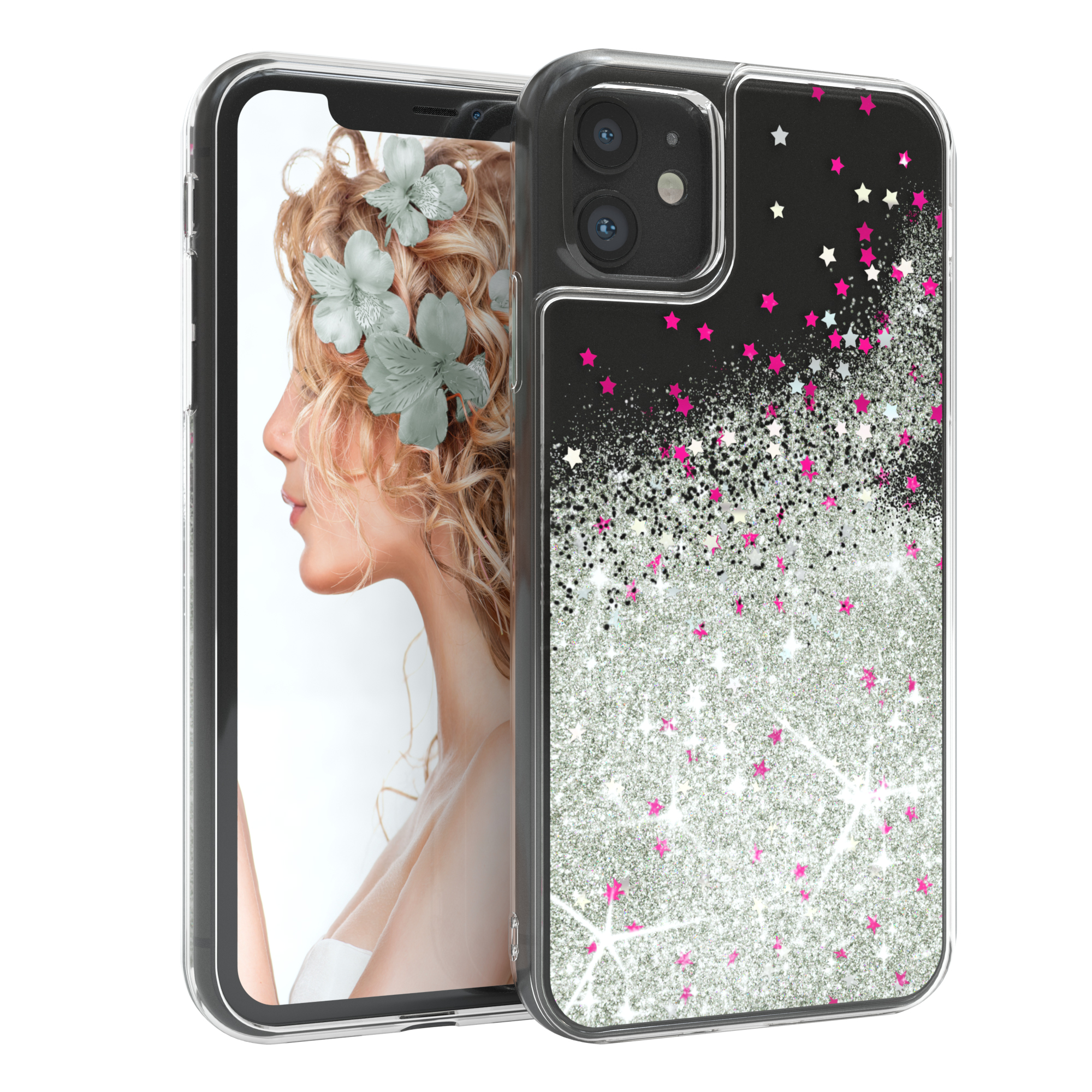 Handyhülle mit Frauenbild auf dem Bildschirm. Glitzer und rosa Sterne. Schwarzer Hintergrund.