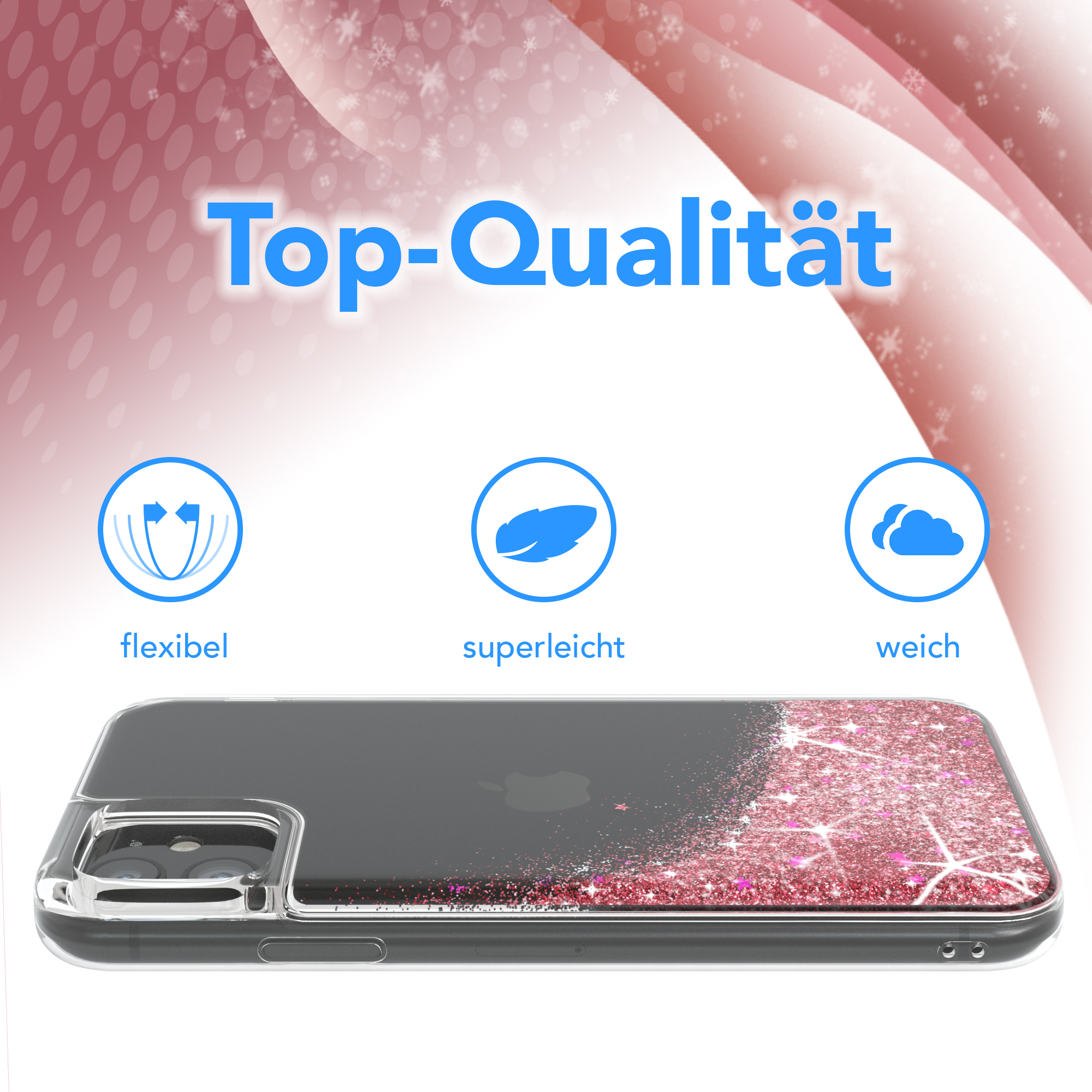 Eine Handyhülle mit rosa Glitzer, mit Top-Qualität-Symbolen. Text besagt, dass die Hülle flexibel, superleicht und weich ist.