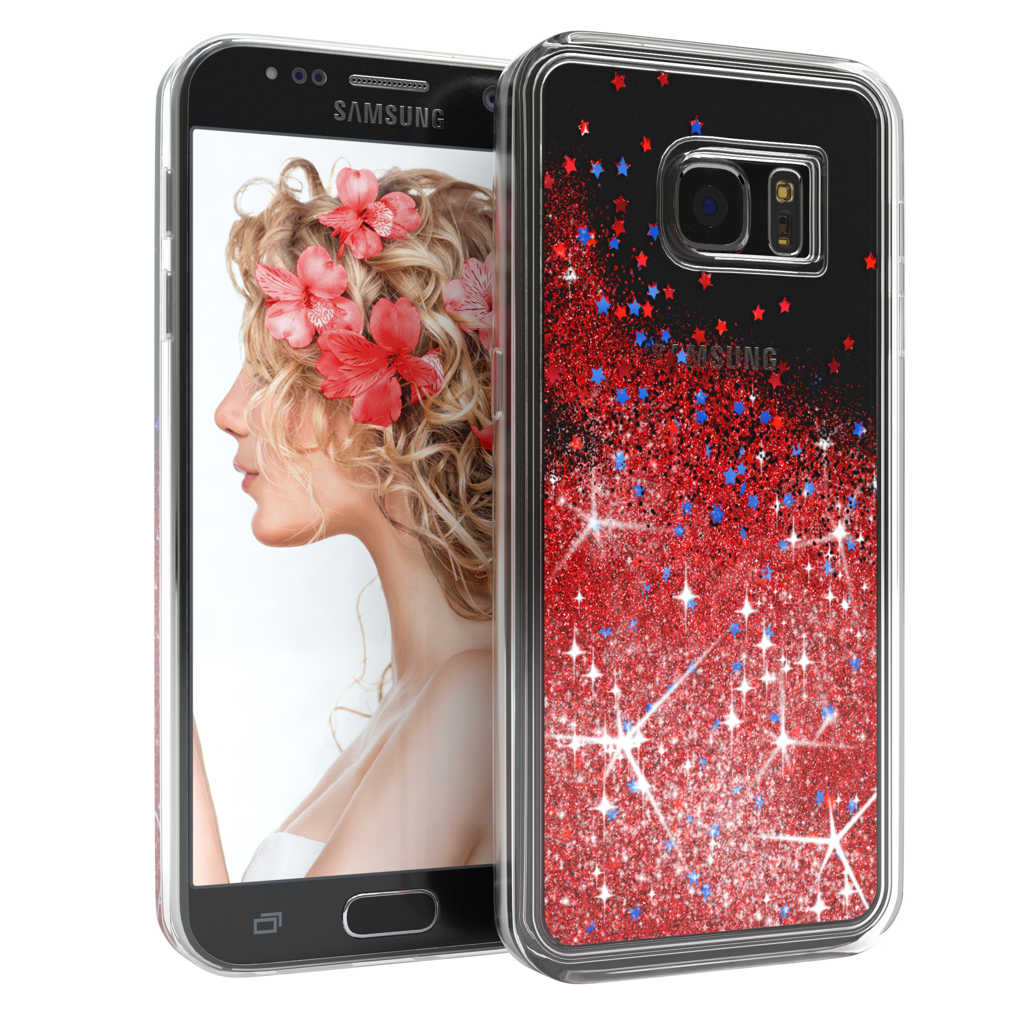 Ein Telefon mit dem Profil einer Frau und Blumenarrangement auf dem Bildschirm, in einem roten Glitzeretui.