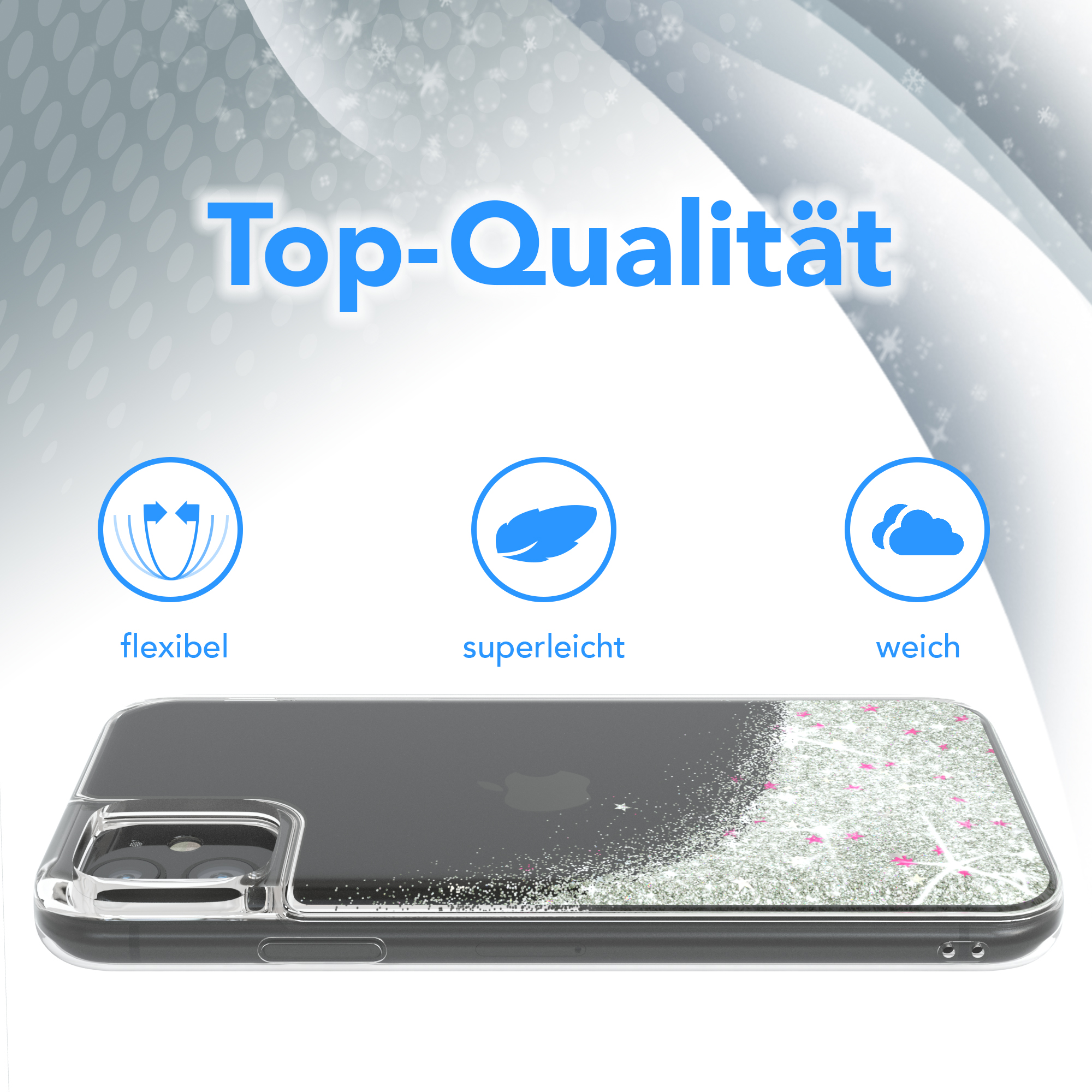 Transparente Handyhülle mit Glitzer und rosa Akzenten, mit deutschem Text über Top-Qualität.