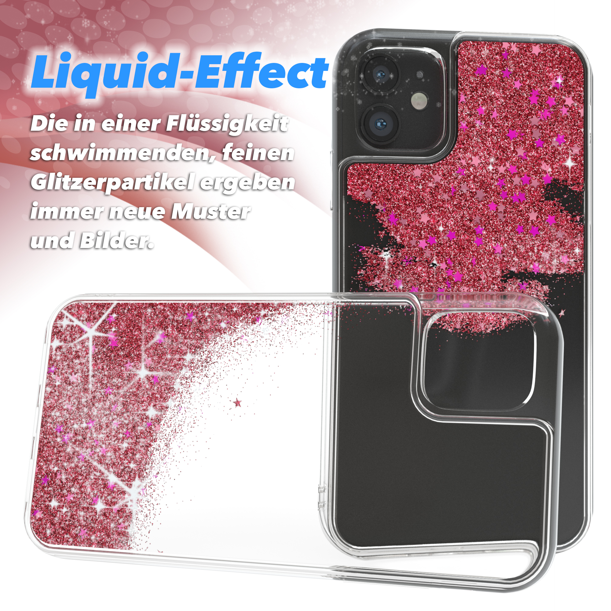 Transparente Handyhülle mit rosa Glitzer und Flüssigkeitseffekt. Text: Liquid-Effect.