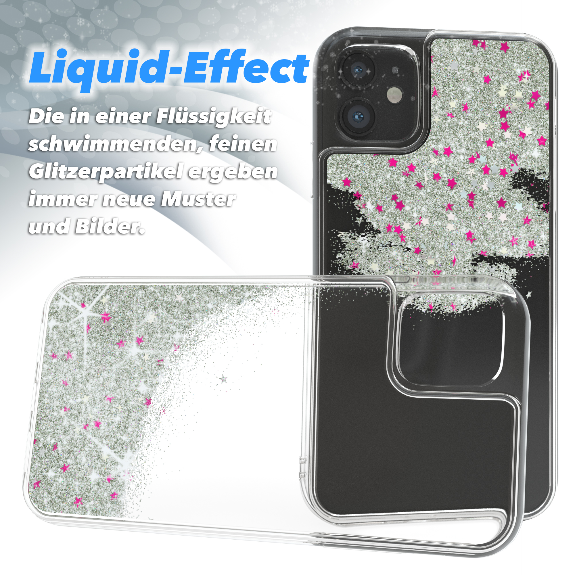 Zwei transparente Handyhüllen. Eine mit Glitzer, rosa Sternen und silbernen Glitzern. Text oben: Liquid-Effect.